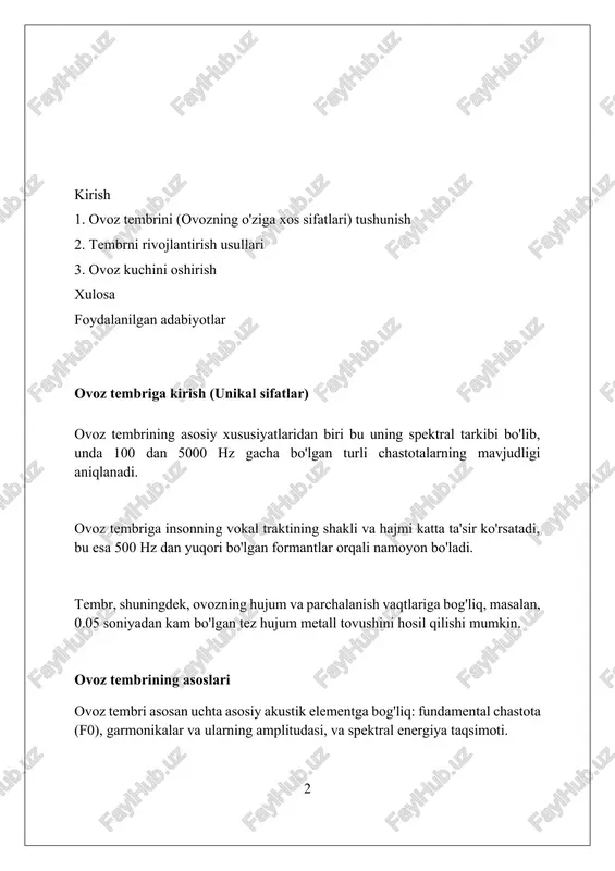 sh va baholash ovoz tembrini baholashda spektrogramma tahlili muhimdir, u chastota tarkibini vizual tarzda ko'rsatib, rezonanslar va harmoniklarni aniqlashga yordam beradi. ovoz tembrini aniqlash uchun 'timbral eshituv' mashqlari foydali, bu esa turli xil ovoz sifatlarini, masalan, 1- va 2- formantlarni ajratishni o'rgatadi. ovoz tembrini obyektiv baholash uchun mfcc (mel frequency cepstral coefficients) algoritmi qo'llaniladi, bu esa ovozning spektral shaklini raqamli ko'rsatkichlar bilan ifodalaydi. ovoz kuchiga kirish ovoz kuchi, yoki ovozning balandligi, sub'ektiv tushuncha bo'lib, odatda desibel (db) bilan o'lchanadi; 60 db oddiy suhbat uchun, 85 db esa zararli bo'lishi mumkin. ovoz kuchini oshirish uchun nafasni nazorat qilish muhim; diafragma nafas olish texnikasi nafas hajmini ko'paytiradi va ovozning proyeksiyasini 20-30 foizga yaxshilaydi. rezonans, tovushning kuchayishi orqali ovoz kuchini oshiradi; ko'krak rezonansi past notalarni, bosh rezonansi esa yuqori notalarni 40-50 foizga kuchaytirishi mumkin. ovoz kuchini tushunish ovoz kuchi nafaqat balandlik darajasi, balki undagi energiya miqdori hamdir, odatda desibellarda (db) o'lchanadi, bu esa …
