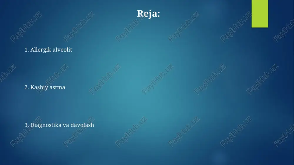 astmada ige-ga bog'liq 1-toifa o'ta sezuvchanlik xarakterli bo'lib, allergen ta'sirida mast hujayralarining degranulyatsiyasi, bronxospazm va yallig'lanishga olib keladi. klinik ko'rinish surunkali allergik alveolitda nafas qisishi, yo'tal va og'irlik hissi sekin-asta rivojlanadi, fev1 (majburiy ekspirator hajm 1 sekundda) ko'rsatkichi pasayadi. o'tkir allergik alveolitda 4-8 soat ichida titroq, isitma, yo'tal va nafas qisishi paydo bo'ladi; rentgenda mayda diffuz infiltratlar aniqlanadi. diagnostika allergik alveolitni tashxislashda yuqori aniqlikdagi kt tekshiruvi muhim, u diffuz o'pka infiltratlari va bronxektazlarni aniqlaydi. kasbiy astmani aniqlash uchun bronxial provokatsion testlar, masalan, metaxolin bilan tekshirish, nafas yo'llarining sezgirligini baholaydi. differensial diagnostika differentsial diagnostika bronxial astma bilan o'tkaziladi, unda spirometriya va bronxoprovokatsion testlar muhim rol o'ynaydi, chunki ular havo o'tkazuvchanligining o'zgaruvchanligini aniqlashga yordam beradi. allergik alveolitni sarkoidozdan farqlash uchun bronxoalveolyar lavaj (bal) natijalarini ko'rib chiqish muhim, chunki sarkoidozda cd4/cd8 nisbati odatda 2 dan yuqori, alveolitda esa past bo'lishi mumkin. asoratlar asoratlarning bir turi – o'pka fibrozidir, bunda o'pka to'qimasi chandiq bilan …