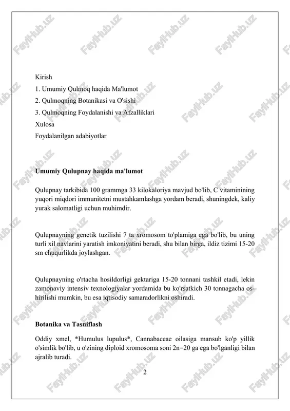 chi vosita sifatida ishlatilgan va uyqusizlikka qarshi kurashishda qo'llanilgan, bu esa xalq tabobatida uning 500 yillik an'anasini namoyon qiladi. o'stirish va parvarishlash xmel ko'chatlarini ekish uchun optimal vaqt - erta bahor yoki kuzning boshidir, tuproq harorati kamida 8-10 daraja bo'lganda, ildiz otishi uchun imkon yaratadi. xmel toklarini muntazam ravishda sug'orish kerak, ayniqsa qurg'oqchil davrlarda, har bir tup uchun taxminan 20-30 litr suv beriladi, lekin tuproqning haddan tashqari namlanishiga yo'l qo'ymaslik zarur. o'simlikning o'sishi va hosildorligini oshirish uchun har yili kamida ikki marta, bahorda va yozda, azotli, fosforli va kaliyli o'g'itlar bilan oziqlantirish tavsiya etiladi (masalan, npk 16-16-16). kimyoviy tarkibi xmel tarkibida 0,5% dan 4% gacha efir moylari mavjud bo'lib, ular xushbo'ylikni ta'minlaydi, ularning asosiy komponentlari humulen va miritseen bo'lib, pivo achchiqligiga ta'sir qiladi. alfa-kislotalar (masalan, humulon) 2% dan 20% gacha bo'lishi mumkin, ular pivo qaynatilganda izomerlanadi va pivoga achchiq ta'm beradi; bu kislotalar antibakterial xususiyatlarga ham ega. xmel tarkibida taxminan …
