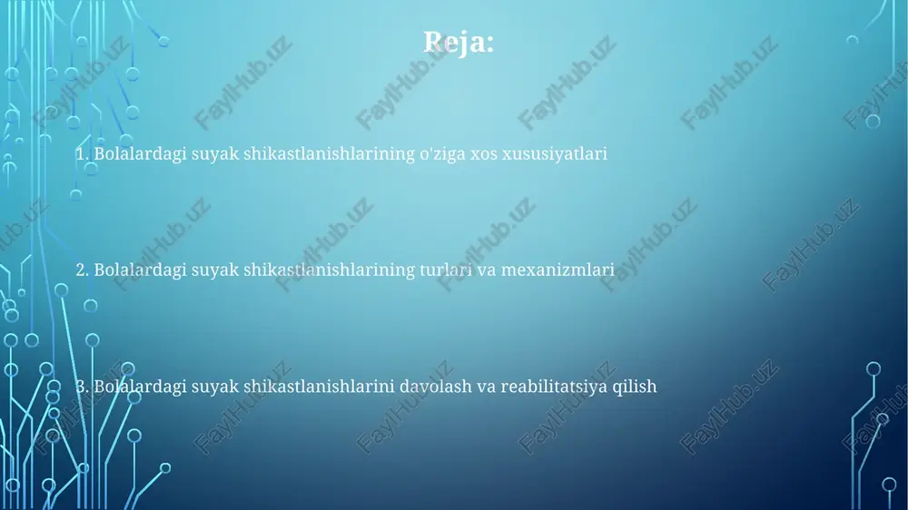 hi buzilishiga olib kelishi mumkin, i dan v gacha boʻlgan turlari mavjud, bu muhim. bolalarda suyak sinishlarining sabablari va mexanizmlari bolalarda suyaklar tuzilishi va qon bilan ta'minlanishi xususiyatlari tufayli, yashil novda sinishlari (greenstick fractures) ko'proq uchraydi, bunda suyak to'liq sinmaydi, balki po'stlog'i yoriladi. bolalarda suyak sinishining asosiy sabablaridan biri bu travmatik ta'sirlardir, xususan, yiqilishlar (taxminan 60%), sport jarohatlari (20%), va transport hodisalari (10%) shular jumlasidandir. bolalarda suyaklar elastikligi yuqori bo'lganligi sababli, kattalarga nisbatan kamroq kuch bilan ham sinish sodir bo'lishi mumkin, ayniqsa 5-10 yosh oralig'ida. bolalarda suyak sinishlarining klinik ko'rinishlari va diagnostikasi bolalarda sinish paytida xarakterli deformatsiyalar kattalarnikiga nisbatan kamroq bo'lishi mumkin, ammo og'riq, shish va harakatlanishning cheklanishi 72 soat ichida kuchayadi. bolalarda suyak sinishlari ko'pincha yashirin bo'lishi mumkin, chunki ularning suyak usti pardasi qalinligi tufayli, yoriqlar ko'pincha rentgen nurlarida aniq ko'rinmasligi mumkin. bolalarda "yashil novda" sinishi kabi o'ziga xos sinish turlari ko'p uchraydi, bunda suyak bir tomondan sinadi, ikkinchi …