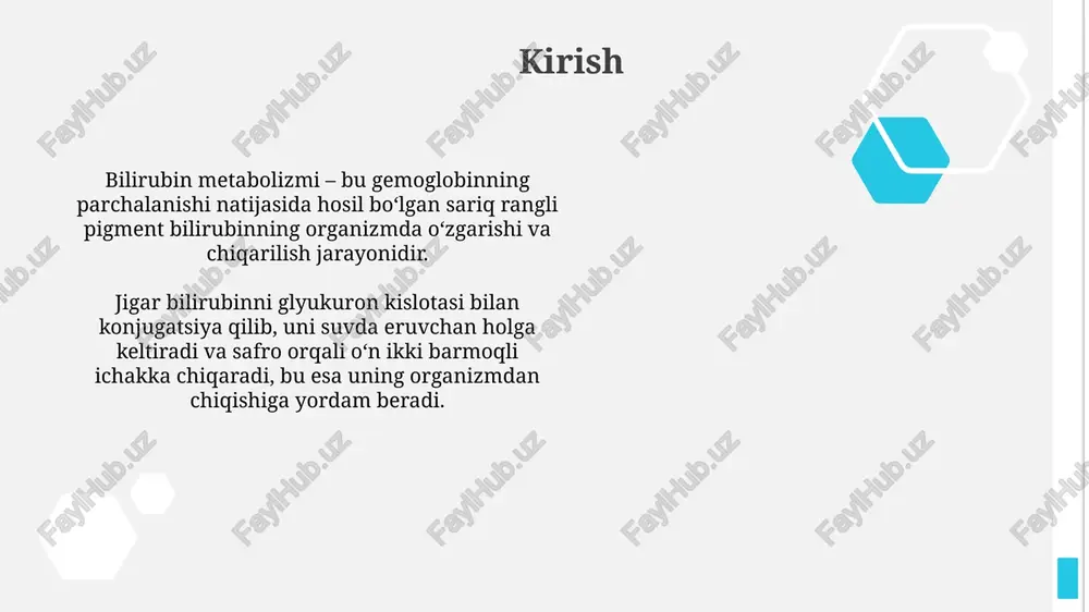 n ajralishi kerak. bilirubinning jigarda o'zgarishi (konjugatsiya) jigar ichida bilirubin glyukuron kislotasi bilan konjugatsiya qilinadi, udp-glyukuroniltransferaza (ugt1a1) fermenti ishtirokida bilirubin monoglukuronid va diglukuronid hosil qiladi. konjugatsiyalangan bilirubin (to'g'ri bilirubin) suvda eriydi, bu esa uning o'tga va siydikka chiqarilishini osonlashtiradi, unkonjugatsiyalangan bilirubindan farqli ravishda. glukuron kislotasi bilan konjugatsiya glukuron kislotasi bilan konjugatsiya bilurubinni suvda eruvchan, toksik bo'lmagan shaklga aylantiradi, bu esa uni safro bilan chiqarib yuborishga imkon beradi. bu jarayonda udp-glukuroniltransferaza (ugt1a1) fermenti muhim rol o'ynaydi. bilurubin konjugatsiyasi jigarda sodir bo'ladi, bunda bilurubin molekulasiga glukuron kislotasi biriktiriladi. bu reaksiyalar di-glukuronid bilurubin hosil bo'lishiga olib keladi, bu erda ikkita glukuron kislotasi birikkan. konjugatsiyalangan bilirubinning o'tga chiqarilishi konjugatsiyalangan bilirubin mrp2 transporteri orqali gepatositlardan o't kanalikulasiga chiqariladi, bu jarayon energiyaga bog'liq va taxminan 50% safro pigmentlarining chiqarilishini tashkil qiladi. o'tga chiqarilgan konjugatsiyalangan bilirubin, asosan, bilirubin diglukuronid shaklida bo'ladi; uning molekulyar massasi 584 g/mol va qutbligi tufayli membrana orqali o'tmaydi. bilirubinning ichakda metabolizmi ichakdagi bakteriyalar …