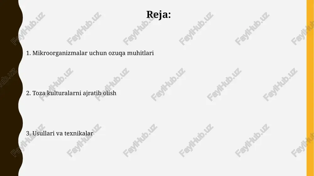 bir necha marta takrorlangan seriyali suyultirishlar orqali, 10^-5 dan 10^-7 gacha bo'lgan zichlikdagi yagona hujayralarni ajratib olishga yordam beradi. kuyruk usuli, agar bo'yalgan simni agar yuzasiga tekkizib, keyin zigzagsimon harakatlar orqali tarqatsak, koloniya ajratishga imkon beradi, natijada 2-3 marta kamayadi. olingan kulturalarning tozaligini tekshirish tozalikni tekshirish mikroskop ostida amalga oshiriladi, bunda 100x yoki undan yuqori kattalashtirishda morfologik xususiyatlar bir xilligi baholanadi. bunda begona hujayralar yoki ifloslantiruvchi moddalar aniqlanishi mumkin. gram bo'yash usuli orqali tekshirishda barcha bakteriyalar bir xil rangda bo'yalishi kerak, misol uchun, gram-musbatlar binafsha, gram-manfiylar esa qizil rangda bo'ladi, agar aralash ranglar bo'lsa, tozalik shubha ostida. e'tiboringiz uchun rahmat image2.jpg image3.jpg image4.jpg image5.jpg image6.jpg image7.jpg