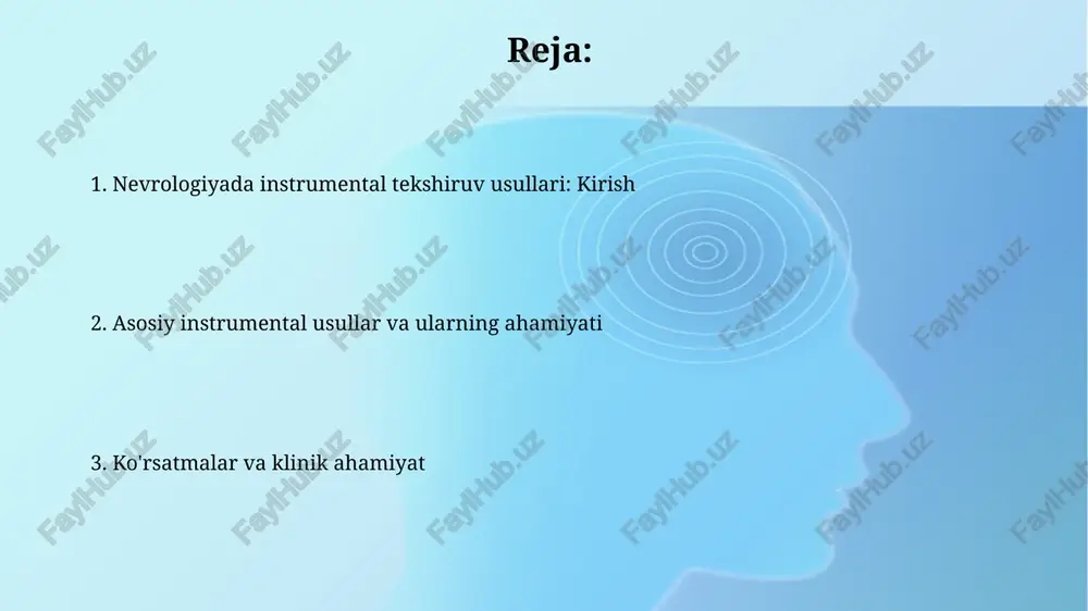 atsiya o'choqlarini aniqlaydi va kasallikning faollik darajasini baholashga yordam beradi. doppler ultratovush tekshiruvi (transkranial va ekstrakranial) transkranial doppler (tkd) miya tomirlaridagi qon oqimining tezligini 2 mhz zond yordamida baholaydi, vazospazm, miya o'smalari va qon tomir yetishmovchiligini aniqlashda muhim. ekstrakranial doppler karotid va umurtqa arteriyalari kabi bo'yin tomirlarining stenozini, okluziyasini va qon oqimining buzilishini aniqlash uchun 5-10 mhz chastotali datchiklar orqali amalga oshiriladi. angiografiya (kt va mr) kt-angiografiya 0.5 mm gacha bo'lgan kesmalar bilan yuqori aniqlikdagi 3d tasvirlarni taqdim etadi, qon tomirlarining torayishi va anevrizmalarini aniqlashda muhimdir. mr-angiografiya ionlashtiruvchi radiatsiya ishlatmaydi va 1,5 tesla va undan yuqori magnit maydonlarida qon tomirlarining oqim tezligini baholaydi. lyumbal punksiya va serebrospinal suyuqlikni tahlil qilish bel ponksiyasi subaraknoidal bo'shliqdan orqa miya suyuqligini (oms) olish uchun invaziv protsedura bo'lib, diagnostika maqsadlarida 10-15 ml suyuqlik olinadi. oms tahlili neyroinfeksiyalar (masalan, meningit), yallig'lanish kasalliklari (masalan, ms), qon ketish va ba'zi saraton kasalliklarini aniqlashda muhim rol o'ynaydi. evoked potentials …