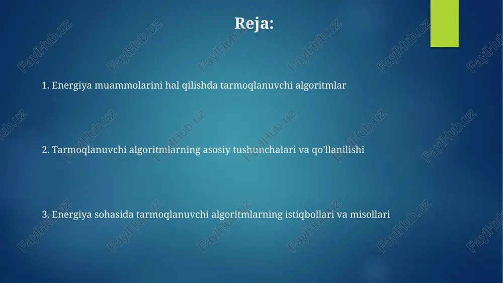 larni hal qilishda muvaffaqiyatli bo'lishi mumkin, lekin vaqt cheklovlari bilan cheklanishi mumkin. energiya muammolarini hal qilish uchun tarmoqlanuvchi algoritmlarni loyihalash va amalga oshirish tarmoqlanuvchi algoritmlarni loyihalashda 100 dan ortiq tugunni optimallashtirish uchun xarajat funksiyalarini aniqlash va kamaytirish energiya tejashga 15 foizgacha ta'sir qilishi mumkin. energiya muammolarini hal qilishda tarmoqlanish algoritmlari 25 turdagi energiya manbalarini taqsimlashda 0.1 birlik aniqlik bilan optimal yechim topishga yordam beradi. xulosa va kelajakdagi tadqiqotlar optimallashtirish algoritmlari, masalan, tarmoqlanuvchi chegaralash usullari, murakkab energiya muammolarini yechishda 15% gacha yaxshiroq natijalarni ta'minlashi mumkin, ammo moslashuvchanlik ustida ish kerak. kelajakdagi tadqiqotlar 2030 yilgacha energiya resurslarini samarali boshqarish uchun sun'iy intellektning tarmoqlanuvchi algoritmlar bilan integratsiyasini o'rganishi mumkin, bu 30% gacha tejashga olib keladi. e'tiboringiz uchun rahmat image7.jpg image8.jpg image9.jpg image10.jpg image11.jpg image12.jpg image1.png image2.png image3.png image4.png