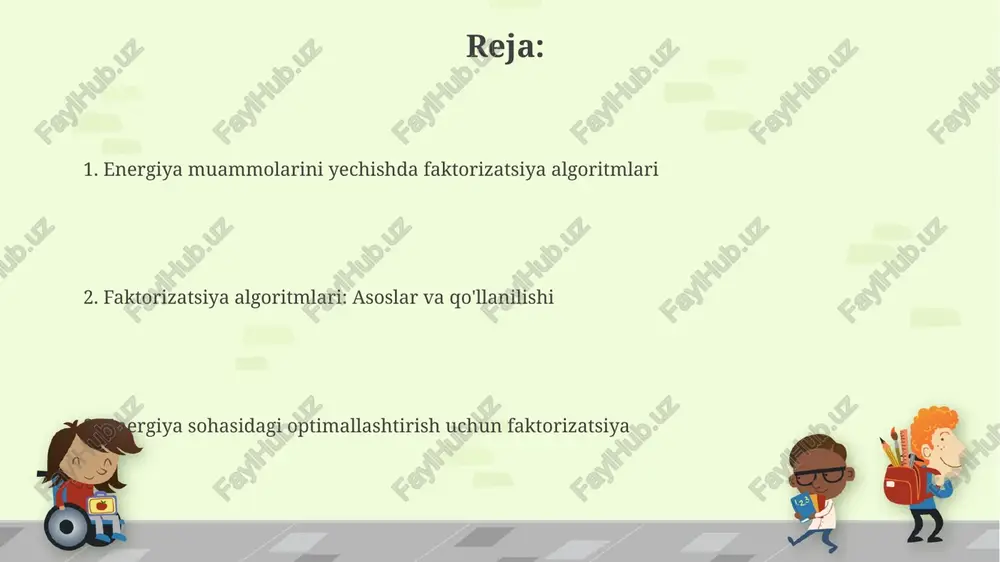 rgetika tizimlaridagi optimal yuk taqsimoti masalalarini hal qilishda katta matritsalarni faktorlash algoritmlari orqali tezlashtirish mumkin, bu esa xarajatlarni kamaytiradi. kriptografiya va energetika xavfsizligida katta sonlarni tub ko'paytuvchilarga ajratish orqali ma'lumotlarni himoya qilish algoritmlari (rsa kabi) qo'llaniladi, bu himoya uchun muhim. xulosa va kelajakdagi yo'nalishlar kvadrat shakllarni qismlarga ajratish orqali energiyani optimallashtirishning o'sishi kelajakda elektr energiyasining 15 foizgacha tejalishiga olib kelishi mumkin, bunda murakkab tizimlar muammolarini hal qilishning yangi algoritmlari joriy etiladi. kelajakdagi yo'nalishlar, yirik ma'lumotlar bilan integratsiyalashgan qismlarga ajratish algoritmlarining rivojlanishiga e'tibor qaratadi, bu esa energiya iste'molini 2-bosqichga tahlil qilish va real vaqt rejimida 3-variantni o'zgartirish imkonini beradi. e'tiboringiz uchun rahmat image7.jpg image8.jpg image9.jpg image10.jpg image11.jpg image12.jpg image5.png