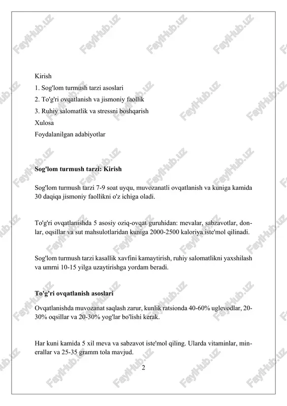 oshiradi, 2-toifa diabet xavfini 40% ga kamaytiradi va qondagi qand miqdorini barqarorlashtiradi. jismoniy faollik miya faoliyatini yaxshilaydi, xotirani kuchaytiradi, depressiya xavfini 30% gacha kamaytiradi va kognitiv funktsiyalarni qo'llab-quvvatlaydi. mashq qilish bo'yicha maslahatlar va tavsiyalar har bir mashg‘ulotni 5-10 daqiqa yengil isinish bilan boshlang, masalan, yugurish yoki dinamik cho‘zilishlar, mushaklarni mashqga tayyorlash va jarohat xavfini kamaytirish uchun. mashq jadvalingizga 150 daqiqa o‘rtacha intensivlikdagi aerobika yoki 75 daqiqa yuqori intensivlikdagi aerobika mashqlarini, haftada kamida 2 kun kuch mashqlarini kiriting. mashg'ulotlar orasida 24-48 soat dam oling, ayniqsa og'ir atletika yoki yuqori intensivlikdagi mashqlar uchun, mushaklarning tiklanishi va o'sishiga imkon berish uchun. uyqu gigienasi: sog'lom uyqu uchun maslahatlar uyqudan oldin 2-3 soat ichida og'ir ovqatlardan qoching, chunki bu ovqat hazm qilishni qiyinlashtiradi va uyqu sifatiga salbiy ta'sir qiladi, optimal uyqu uchun. doimiy uyqu jadvalini yarating: har kuni bir vaqtda yotish va uyg'onish, hatto dam olish kunlari ham, tanangizning biologik soatini tartibga soladi. yotoqxonangizni qorong'i, …