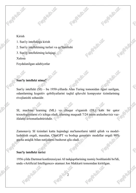ezligida xatolikni kamaytirish uchun iterativ ravishda sozlanadi. 'reinforcement learning'da agent atrof-muhit bilan o'zaro ta'sir qilib, 1 dan 100 gacha ball bilan mukofot oladi va optimal siyosatni aniqlashga harakat qiladi. 'supervised learning'da algoritm belgilangan ma'lumotlar to'plami yordamida o'qitiladi, masalan, 1000 ta rasm, ularning har biri mushuk yoki it ekanligi ko'rsatilgan. chuqur o'rganish chuqur o'rganish neyron tarmoqlaridan foydalanadi, odatda 3 dan ortiq qatlamli, murakkab naqshlarni o'rganish va 0 va 1 raqamlar bilan ishlaydi. ushbu o'rganish usuli katta hajmdagi ma'lumotlar to'plamini tahlil qilishda yuqori aniqlik darajasiga erishadi, masalan, millionlab tasvirlarni tahlil qilish. chuqur o'rganish algoritmlari, masalan, cnn va rnn, tasvirni aniqlashda va tabiiy tilni qayta ishlashda keng qo'llaniladi, 7/24 soatlab ishlash imkonini beradi. sun'iy neyron tarmoqlar sun'iy neyron tarmoqlar biologik neyronlarning tuzilishini taqlid qiladi va bog'langan tugunlardan iborat bo'lib, ularning har biri kirishlariga asoslangan holda 0 dan 1 gacha bo'lgan chiqish qiymatini yaratadi. o'qitish jarayonida tarmoq og'irlik va biaslarni moslashtiradi, bu tarmoqning ishlashini …