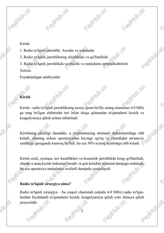 troposfera kabi atmosferaning turli qatlamlaridan aks etishi, sinishi yoki so'rilishi mumkin, bu esa radioaloqa masofasi va sifatiga ta'sir qiladi. radio to'lqinli xirurgiya uskunasi radio to'lqinli xirurgiya uskunasi 4.0 mhz chastotada ishlaydi, bu esa to'qimalarni kesish va koagulyatsiya qilish uchun hujayra ichidagi suv molekulalarini qizdirish orqali minimal shikastlanishni ta'minlaydi. uskuna turli xil elektrodlar bilan jihozlangan, masalan, sim, shar, pichoq va igna elektrodlari, bu esa turli xirurgik protseduralarni, jumladan, kesish, ablasyon va koagulyatsiyani amalga oshirish imkonini beradi. radio to'lqinli xirurgiya uskunasi bipolyar va monopolyar rejimlarda ishlashi mumkin, bu esa jarrohga operatsiya turiga qarab eng mos rejimni tanlash imkonini beradi, optimal natijalarga erishish uchun. radio to'lqinli xirurgiyaning afzalliklari radio to'lqinli xirurgiya 3,8-4,0 mhz chastotada ishlaydi, bu minimal termik shikastlanishni ta'minlaydi va atrofidagi to'qimalarga zarar yetkazmasdan aniq kesish va koagulyatsiyani amalga oshirishga imkon beradi. radio to'lqinli usul jarrohlikdan keyingi og'riqni kamaytiradi, chunki nerv uchlari minimal darajada shikastlanadi, bu esa bemorning tez tiklanishiga va 40% …