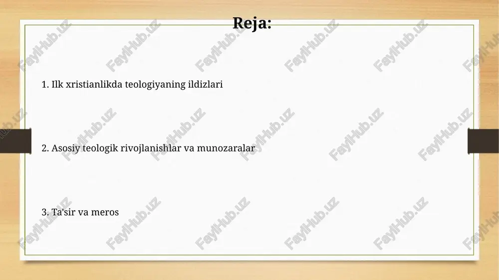 sskiy, grigoriy nazianzus) 'bir mohiyat, uch shaxs' tushunchasini ishlab chiqdilar. avliyo avgustinning ta'siri avgustinning 'xudoning shahri' asari dunyoviy va ilohiy kuchlar o'rtasidagi munosabatlarni shakllantirib, 410-yildagi rim qulashidan keyin umid berdi. avgustinning gunoh va inoyat haqidagi ta'limotlari, xususan, 'original gunoh' tushunchasi, keyingi teologiyaga, shu jumladan, 16-asr reformatsiyasiga katta ta'sir ko'rsatdi. xulosa: erta nasroniylik ilohiyotining merosi erta nasroniylik ilohiyoti, ayniqsa, 1-3-asrlarda injil matnlarini sharhlash orqali asosiy diniy ta'limotlarni shakllantirishga katta hissa qo'shdi. ibtidoiy cherkov otalari tomonidan ishlab chiqilgan uch birlik (trinity) ta'limoti 4-asrda ilohiyotning markaziga aylandi, bu esa nasroniylikning keyingi rivojlanishiga ta'sir ko'rsatdi. e'tiboringiz uchun rahmat image8.jpg image9.jpg image10.jpg image11.jpg image12.jpg image13.jpg image14.jpg image3.png image4.png