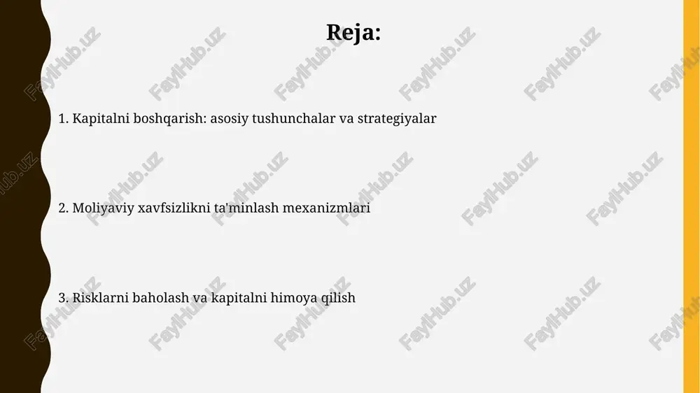giyalari diversifikatsiya va sug'urta qamrovini o'z ichiga oladi. moliyaviy xavfsizlikni ta'minlash uchun aktivlarni stress-test qilish muhim; 5 yillik ssenariy bo'yicha likvidlik xavfini kamaytirish maqsadida. investitsiya portfelini diversifikatsiya qilish investitsiya portfelini diversifikatsiya qilish risklarni kamaytirish uchun aktivlarni turli xil klasslarga, masalan, aktsiyalar, obligatsiyalar va ko'chmas mulkka taqsimlashni o'z ichiga oladi. geografik diversifikatsiya xalqaro bozorlardagi o'zgarishlardan himoyalanish uchun sarmoyalarni turli xil davlatlar va mintaqalarga yo'naltirishni nazarda tutadi, misol uchun, 30% rivojlangan davlatlar va 70% rivojlanayotgan davlatlar. likvidlikni boshqarish va qisqa muddatli sarmoyalar likvidlikni boshqarish korxona qisqa muddatli aktivlari (pul mablag'lari, qisqa muddatli investitsiyalar, debitorlik qarzlari) va qisqa muddatli majburiyatlari o'rtasidagi muvozanatni saqlashni o'z ichiga oladi. qisqa muddatli sarmoyalar odatda 12 oy ichida pulga aylantirilishi mumkin bo'lgan aktivlarga (depozit sertifikatlari, qisqa muddatli obligatsiyalar, pul bozori fondlari) yo'naltiriladi, bu likvidlikni oshiradi. uzoq muddatli sarmoyalar va o'sish imkoniyatlari uzoq muddatli sarmoyalar iqtisodiy o'sishni rag'batlantiradi, masalan, infratuzilmaga kiritilgan 10 milliard so'mlik investitsiya yangi ish o'rinlarini yaratishi …