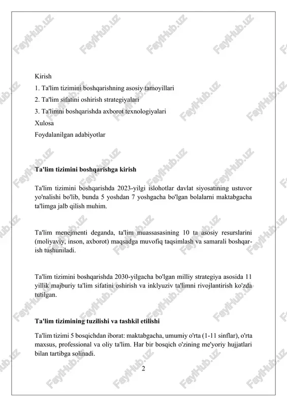 jribalarni ham qamrab oladi, bu esa 360 gradusli o'quv muhitini yaratishga xizmat qiladi. o'qituvchilarning rivojlanishi va faoliyatini baholash o'qituvchilarning rivojlanishi 360 daraja baholash orqali amalga oshiriladi, bunda hamkasblar, o'quvchilar va o'z-o'zini baholash natijalari hisobga olinadi. pedagogik mahoratni baholash mezonlari, jumladan dars berish uslubi, o'quvchilar bilan munosabat va innovatsion texnologiyalardan foydalanish, 5 ballik tizim asosida aniqlanadi. attestatsiya jarayoni o'qituvchilarning kasbiy o'sishini rag'batlantirish va ularning malaka toifalarini (masalan, 1-toifa, 2-toifa, oliy toifa) aniqlashga qaratilgan. o'quvchilarning baholash tizimi o'quvchilarning baholash tizimi formativ va summativ baholash usullarini o'z ichiga oladi, bu orqali o'quv jarayonida 1 dan 5 gacha ballar qo'llanilishi mumkin. baholash tizimi o'quvchilarning bilim darajasini aniqlash uchun mezonlarga asoslangan. bu mezonlar nazariy bilimlar va amaliy ko'nikmalarni baholash imkonini beradi. o'quvchilarning baholari ularning o'zlashtirish darajasini ko'rsatadi va yakuniy natijalar attestat yoki diplomga ta'sir qiladi, masalan, 70% dan yuqori natija a'lo baho hisoblanadi. ta'lim resurslarini boshqarish ta'lim resurslarini boshqarish o'quv dasturlari, o'quv materiallari va texnologiyalar …