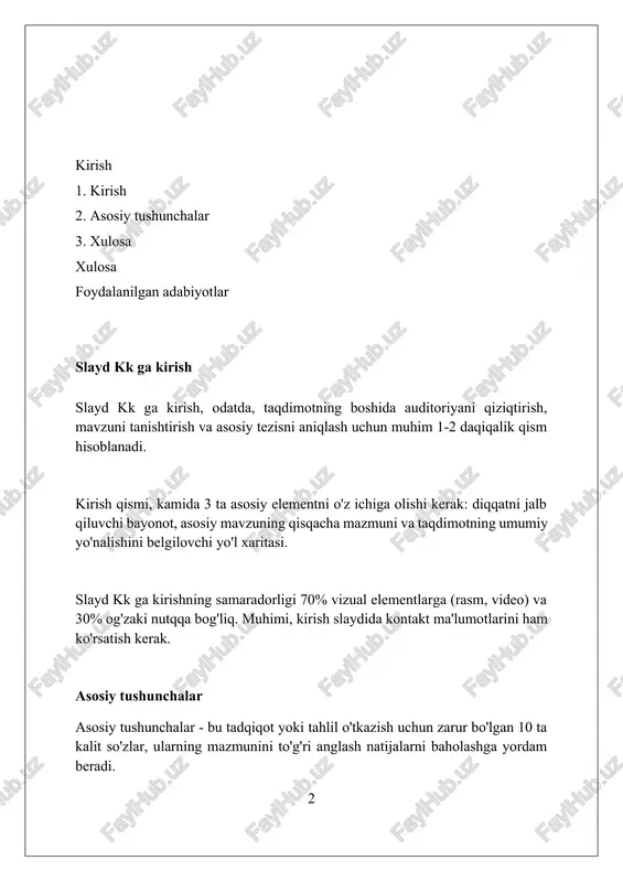 ri darajadagi moslashuvchanlikni ta'minlamaydi, ya'ni biznesning o'zgaruvchan talablariga moslashish qiyin. bu, 5-10 yildan so'ng yaroqsiz holga kelishiga olib kelishi mumkin. mavjud yechimlarning ko'pchiligi murakkab integratsiya talab qiladi, bu esa xarajatlarni 20-30% ga oshirishi mumkin. shuningdek, xavfsizlik muammolarini keltirib chiqarishi ehtimoli yuqori. kk slaydning afzalliklari kk slaydning afzalliklaridan biri, 15% gacha energiya tejash imkoniyatidir, ayniqsa, yuqori samaradorlik koeffitsientiga ega bo'lgan tizimlarda bu sezilarli. bu xarajatlarni kamaytirishga yordam beradi. kk slayd tizimlari 25-30% gacha shovqin darajasini pasaytirishi mumkin, bu esa ish muhitini yaxshilaydi va xodimlarning ish unumdorligini oshiradi, ayniqsa shovqin sezgir joylarda muhim. kk slaydlarining afzalligi shundaki, ular 40% gacha kamroq vibratsiyaga olib keladi, bu esa uskunaning ishlash muddatini uzaytiradi va ta'mirlash xarajatlarini kamaytiradi. kk slaydning kamchiliklari slaydlar noto'g'ri formatlangan bo'lsa, diqqatni chalg'itishi, auditoriyaning tushunish qobiliyatini pasaytirishi mumkin, ayniqsa 10 dan ortiq murakkab slaydlarda. slaydlar haddan tashqari matn bilan to'ldirilganda, tinglovchilar materialni o'qishga ko'proq e'tibor qaratadi, natijada taqdimotning 75 foizi e'tibordan chetda …