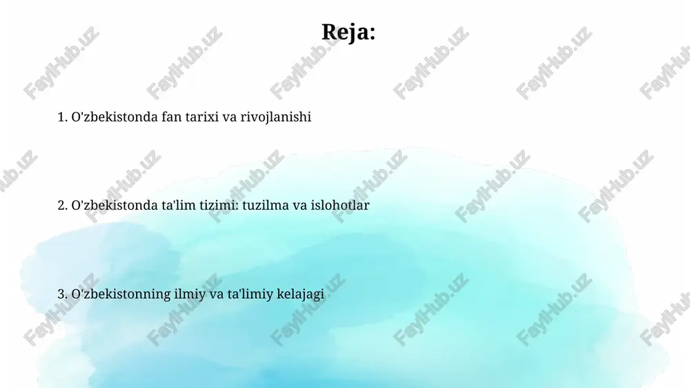 h, tuproq unumdorligini oshirish va yangi, serhosil ekin navlarini yaratish bo'yicha 20 dan ortiq ilmiy loyihalar ustuvor hisoblanadi. energetika sohasida quyosh, shamol va gidroenergetika resurslaridan foydalanishni kengaytirish, energiya samaradorligini 25 foizga oshirish bo'yicha tadqiqotlar dolzarbdir. fan va texnologiyalarni rivojlantirish bo'yicha davlat siyosati 2017-2021 yillarda innovatsion rivojlanish strategiyasi fan, ta'lim va ishlab chiqarishni integratsiyalash, ilmiy tadqiqotlarni qo'llab-quvvatlashni nazarda tutadi. o'zbekiston respublikasi prezidentining 2018-yil 7-maydagi pf-5446-son farmoni bilan innovatsion rivojlanish vazirligi fanni texnologiya transferi bilan uyg'unlashtirish uchun tashkil etildi. ta'lim sifatini oshirish bo'yicha islohotlar 2017-yildan boshlab prezident maktablari tashkil etildi. bu maktablar o'quvchilarni aniq fanlar, xorijiy tillar va zamonaviy axborot texnologiyalari sohasida chuqur bilim olishga yo'naltiradi. oliy ta'lim muassasalariga kirish imtihonlari soddalashtirilib, test sinovlari bilan bir qatorda kasbiy (ijodiy) imtihonlar ham joriy etildi. bu talabalarni tanlashda adolat mezonlarini ta'minlaydi. maktabgacha ta'limning roli maktabgacha ta’lim bolalarning 3-6 yoshdagi davrda kognitiv, ijtimoiy va hissiy rivojlanishiga asos soladi, bu ularning kelajakdagi ta’lim muvaffaqiyatini belgilaydi. o'zbekistonda …