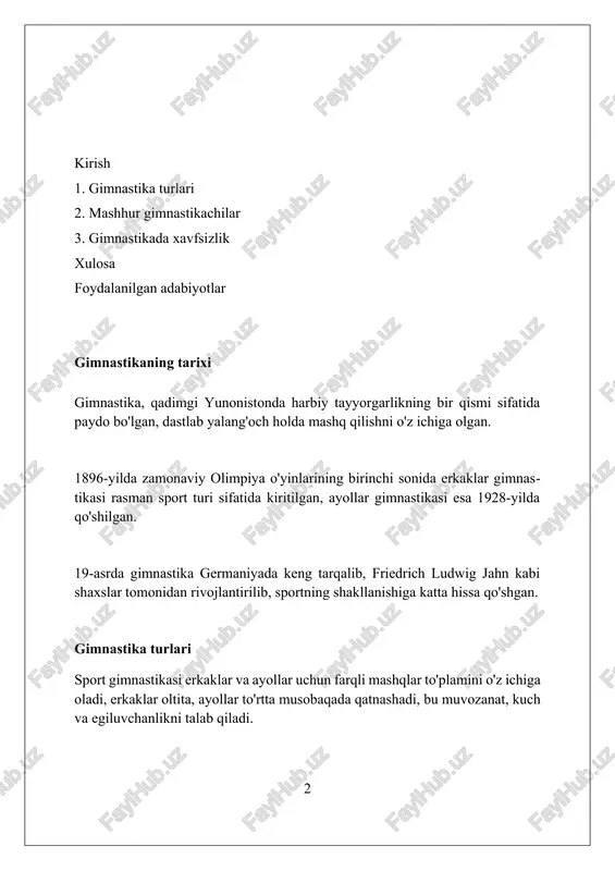 da to‘rt xil apparat bo‘yicha bellashuvlar o‘tkaziladi: tayanch sakrashi, parallel bruslar, nur va erkin mashqlar, har birida murakkab texnik elementlar bajariladi. xalqaro musobaqalarda, masalan, olimpiya o‘yinlarida, ayollar gimnastikasi bo‘yicha jamoaviy va shaxsiy ko‘pkurash bahslari o‘tkazilib, yuqori darajadagi mahorat talab etiladi. ayollar gimnastikasi bo‘yicha jahon chempionatlari har yili o‘tkaziladi, unda 14 yoshdan oshgan gimnastikachilar ishtirok etib, o‘z mahoratini namoyish etadi. gimnastika uskunalari gimnastika halqalari ikki yog'och halqadan iborat bo'lib, ular taxminan 2,8 metr balandlikda osilgan bo'lib, sportchilarga kuch, muvozanat va nazoratni namoyish etish imkoniyatini beradi. tayanch sakrashi stol shaklidagi uskunadan iborat bo'lib, gimnastikachilar yugurib kelib, unga qo'llari bilan tayangan holda sakrab o'tishadi va murakkab, dinamik harakatlarni bajarishadi. parallel bruslar erkaklar gimnastikasida keng qo'llaniladigan uskunadir, ular balandligi 1,75 metrdan 2 metr gacha bo'lgan ikki parallel gorizontal bruslardan tashkil topgan. asosiy ko'nikmalar va harakatlar gimnastikada asosiy ko'nikmalardan biri bu qo'llarda turish, bu gimnastikachining vaznini muvozanatlashtirish, kuch va nazoratni rivojlantirish uchun talab qilinadi, odatda …