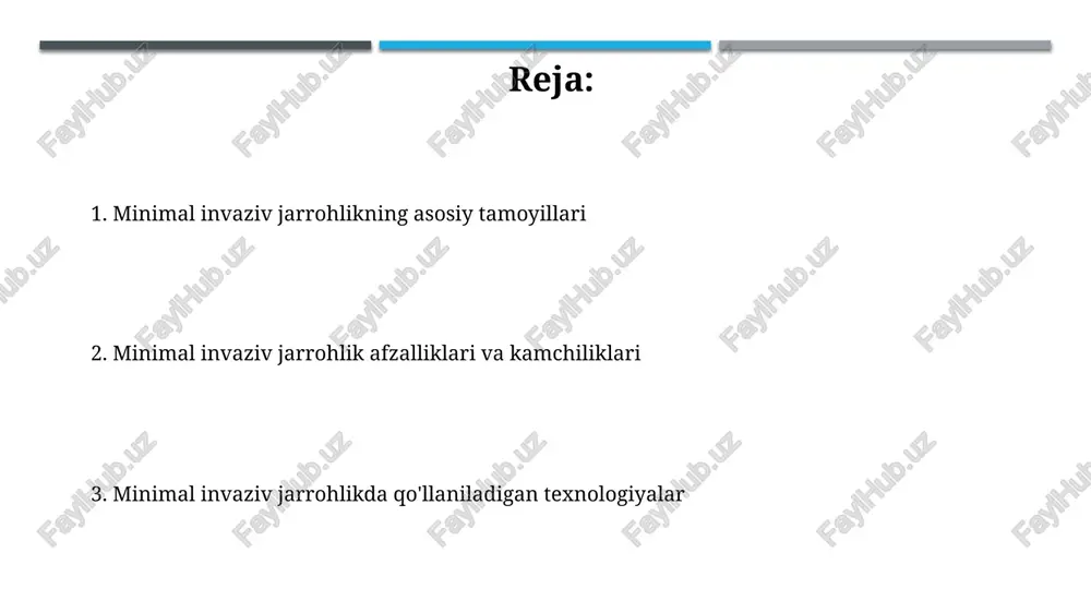 asosiy maqsadi minimal invaziv operatsiyalarda vizualizatsiya va manipulyatsiyani osonlashtirish uchun qorin devorini ichki organlardan uzoqlashtirish orqali ish joyini oshirishdir. kirish texnikasi kirish texnikasi minimal invaziv jarrohlikda muhim, u 5-10 mm kesma orqali troakarni kiritishni o'z ichiga oladi, bu esa operatsiya maydoniga kirish imkonini beradi. kirish usullari orasida xassons usuli (ochiq usul) va veress ignasi texnikasi (yopiq usul) mavjud, bunda veress ignasi orqali pnevmoperitoneum hosil qilinadi, so'ngra troakar kiritiladi. ergonomika va ish joyini sozlash ergonomik ish joyini sozlashda 90 graduslik qoidaga rioya qilish muhim: tirsaklar, tizzalar va to'piqlar taxminan 90 gradus burchak ostida bo'lishi kerak, bu esa zo'riqishni kamaytiradi. monitorning yuqori qismi ko'z sathidan biroz pastroqda joylashishi kerak, taxminan 50-70 sm masofada, bu bo'yin va ko'z zo'riqishini kamaytirishga yordam beradi. manipulyatsiya va disseksiya manipulyatsiya jarayonida 3-4 mm diametrli instrumentlardan foydalanish, to'qimalarga minimal bosim o'tkazish va atrof muhitga zarar yetkazmaslik muhim ahamiyatga ega. disseksiya usullari, masalan, elektrokoagulyatsiya yoki ultratovushli disseksiya 1-2 mm …