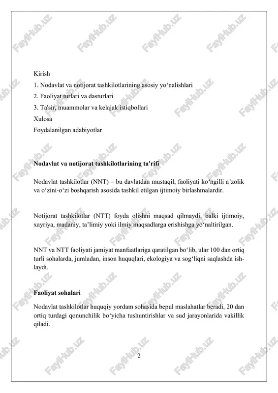 ilan bogʻliq xarajatlarga yoʻnaltirilishi mumkin. ta'lim dasturlari ta'lim dasturlari ko'pincha 5 yoshdan 18 yoshgacha bo'lgan bolalar uchun mo'ljallangan bo'lib, ularning maktab dasturlariga qo'shimcha bilim va ko'nikmalar berishga qaratilgan. nodavlat tashkilotlar ta'lim dasturlari kam ta'minlangan hududlarda 70% dan ortiq o'quvchilarga bepul darslar, treninglar va o'quv materiallarini taqdim etadi. 2023-yilda o'tkazilgan tadqiqotga ko'ra, nodavlat ta'lim dasturlarida qatnashgan o'quvchilarning 60% dan ortig'i yuqori natijalarga erishgan. sog'liqni saqlash tashabbuslari sog'liqni saqlash tashabbuslari o'zbekistonda onalar va bolalar salomatligini yaxshilashga qaratilgan kompleks dasturlarni amalga oshirmoqda, jumladan, 12 ta viloyatda skrining tadbirlari. ushbu tashkilotlar 2023-yilda 5000 dan ortiq tibbiyot xodimlari uchun malaka oshirish treninglarini tashkil etdi va ularning salomatlikni targ'ib qilish bo'yicha bilimlarini oshirishga yordam berdi. sog'liqni saqlash tashabbuslari qishloq joylarda yashovchi aholi uchun mobil tibbiy klinikalarni tashkil etadi, bu esa 30000 dan ortiq odamning asosiy tibbiy xizmatlardan foydalanish imkoniyatini ta'minlaydi. atrof-muhitni muhofaza qilish o'zbekistonda chiqindilarni qayta ishlash bo'yicha ngolar 20 dan ortiq tashabbuslarni amalga oshirmoqda, ularning …