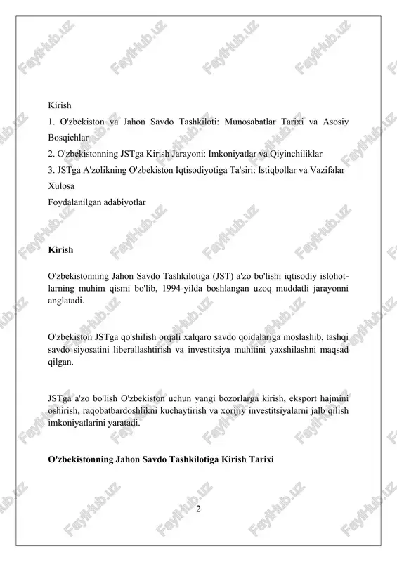 miga integratsiyalashuvini tezlashtiradi, tarif va notarif to'siqlarni kamaytirish orqali eksport hajmini oshirishga xizmat qiladi. jstga a'zo bo'lishning o'zbekiston iqtisodiyotiga ta'siri jstga a'zo bo'lish xalqaro savdo qoidalariga moslashish orqali o'zbekistonning eksport salohiyatini oshiradi, tariflar pasayishi esa importni 15-20% ga arzonlashtirishi mumkin. a'zolik, xorijiy investitsiyalarni jalb qilishda muhim rol o'ynaydi, chunki investorlar barqaror va bashorat qilinadigan iqtisodiy muhitni 10-12% afzal ko'rishadi. jst talablariga javob berish uchun qonunchilikni takomillashtirish, shaffoflikni oshirish va korrupsiyani kamaytirish orqali o'zbekiston iqtisodiyotini 5-7% modernizatsiya qiladi. jstga a'zolik bo'yicha muzokaralar jarayoni o‘zbekistonning jstga a’zolik bo‘yicha muzokaralari 1994-yilda boshlangan bo‘lib, bu jarayon hukumatning iqtisodiy islohotlar dasturi bilan chambarchas bog‘liqdir. muzokaralar davomida o‘zbekiston tovarlar va xizmatlar bozoriga kirish shartlari, shuningdek, qonunchilikni jst talablariga muvofiqlashtirish masalalarini muhokama qiladi. a’zolik jarayonida o‘zbekiston jstga a’zo davlatlar bilan ko‘p tomonlama va ikki tomonlama formatlarda savdo siyosati bo‘yicha muzokaralar olib boradi. o'zbekistonning jstga a'zo bo'lish yo'lidagi to'siqlar tariflar darajasining yuqoriligi, ayniqsa qishloq xo'jaligi sohasida, jst talablari …