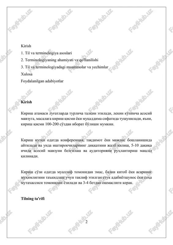 ni yaratish va standartlashtirishni o'z ichiga oladi. til va terminologiyaning o'zaro bog'liqligi terminologiya tilning leksik tarkibining bir qismi bo'lib, u 80-90% umumiy so'zlar bilan bog'liq, lekin aniq fan va texnikaga oid 10-20% so'zlarni o'z ichiga oladi. til terminologiyaga ta'sir o'tkazadi; yangi atamalar yaratishda mavjud grammatik qoidalar va so'z yasash usullari qo'llaniladi, masalan, 'qo'llanma' so'zidan 'qo'llanmachilik' termini yasalgan. terminologiya tilning rivojlanishiga turtki beradi; 21-asrda axborot texnologiyalari sohasidagi yangi atamalar tilning lug'at boyligini oshirib, uslubiy xususiyatlarga ta'sir qiladi. terminologiyaning ahamiyati terminologiya, 90% aniqlikni ta'minlab, bir sohada o'zaro tushunishni yaxshilaydi; xususan, 5-darajali mutaxassislar uchun bu sifat va samaradorlikni oshiradi. yaxshi terminologiya 75% vaqtni tejaydi, xatolar sonini 30% kamaytiradi, ayniqsa, texnik hujjatlarda, bu esa kompaniyaning 2-darajali resurslarini optimallashtiradi. so'z boyligi 10000 dan oshganda, terminologiya ayniqsa muhim, chunki u ma'lumotlarni 60% tezroq topishga yordam beradi, ayniqsa 1-chi raqamli loyihalarda. terminologiyani standartlashtirish terminologiyani standartlashtirish, aniq ta'riflar yaratish orqali, fan, texnika va sanoat kabi sohalarda chalkashlikni kamaytiradi, …