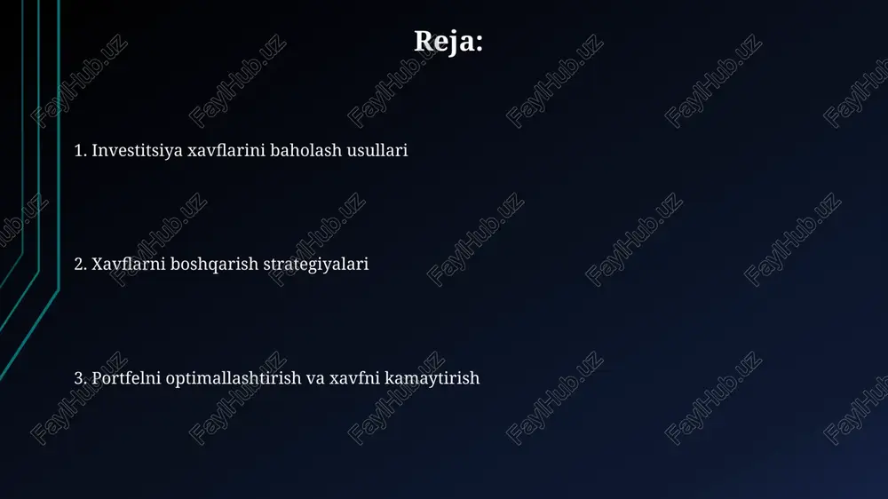 digan zararni kamaytirishga yordam beradi, shu bilan birga portfel barqarorligini 80-90 foizga oshiradi. sug'urta "sug'urta" o'zbekistonda sug'urta xizmatlarining keng spektrini taqdim etadi, masalan, mol-mulkni sug'urtalash, avtomobil sug'urtasi va 24/7 tibbiy sug'urta xizmatlari mavjud. kompaniya mijozlarga risklarni kamaytirishga yordam berish uchun 15 yildan ortiq tajribaga ega bo'lib, individual sug'urta polislari va 10 dan ortiq sug'urta mahsulotlarini taqdim etadi. hedjlash hedjlash – bu investitsiya xavfini kamaytirish uchun mo'ljallangan strategiya bo'lib, odatda qarama-qarshi pozitsiyani egallashni o'z ichiga oladi, masalan, 1000 dollarlik aktsiyalarga short pozitsiyani ochish. hedjlash usullari turli xil bo'lishi mumkin, masalan, optsionlardan foydalanish (put optsiyalarini sotib olish), fyuchers shartnomalari (tovar hedjlari uchun) yoki valyuta xavfini boshqarish uchun valyuta shartnomalari bilan operatsiyalar. xatarni monitoring qilish va hisobot berish xatarni kuzatish jarayoni aktivlarni baholash, ko'rsatkichlarni hisoblash va moliyaviy barqarorlikni tekshirish kabi muntazam nazorat tadbirlarini o'z ichiga oladi. hisobot berishda risk profilini ko'rsatuvchi asosiy ko'rsatkichlar, ya'ni qiymatning xavf ostida (var) va kutilgan qisqa tushumlar (es) …