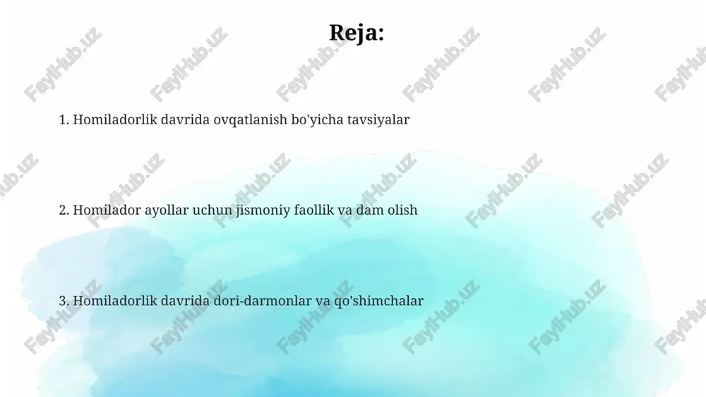 m beradi. homilador ayollar dengiz mahsulotlarini, xususan, haftada 8-12 unsiyaga qadar iste'mol qilishlari kerak, ammo simob miqdori yuqori bo'lgan baliqlardan saqlanish lozim. homiladorlik davrida kalsiy iste'molini kuniga 1000 mg gacha oshirish suyaklar salomatligini ta'minlaydi va homila suyaklarining to'g'ri rivojlanishiga yordam beradi. vitaminlar va qo'shimchalar d vitamini 600-800 iu dozada suyak salomatligi uchun zarur, chunki u kaltsiyning so'rilishiga yordam beradi; yetishmovchilik preeklampsiyaga olib kelishi mumkin, shuning uchun qon tekshiruvidan so'ng qo'shimcha qabul qilish kerak. homiladorlik davrida foliy kislotasi (b9 vitamini)ning 400-800 mkg dozasi tug'ma nuqsonlarning oldini olish uchun juda muhim, ayniqsa homiladorlikdan kamida 1 oy oldin qabul qilish tavsiya etiladi. temir qo'shimchalari (30 mg) homiladorlik davrida kamqonlikni oldini olish uchun tavsiya etiladi, ayniqsa ikkinchi va uchinchi trimestrlarda; qabul qilish oshqozon bezovtaligini oldini olish uchun ovqatdan keyin bo'lishi kerak. homiladorlik davrida jismoniy faollik homilador ayollar kontakt sport turlari, balandlikdagi mashqlar va 2500 metrdan yuqori joylarda jismoniy faollikdan, ayniqsa, avval moslashmagan bo'lsa, qochishlari …