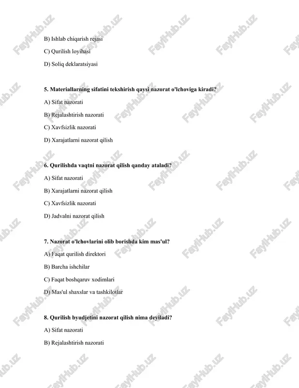 qurilishda qaysi nazorat o'lchovi atrof-muhitga ta'sirni kamaytirishga qaratilgan? a) ekologik nazorat b) xavfsizlik nazorati c) rejalashtirish nazorati d) sifat nazorati 13. qurilishdagi nazorat o'lchovlarining natijalari qanday hujjatda aks etadi? a) hisobot b) shartnoma c) guoxnoma d) buyruq 14. qurilish jarayonida qilingan ishlarning hujjatlashtirilishi nima deyiladi? a) hisobot berish b) tekshirish c) arxivlash d) monitoring 15. qurilishda nazorat o'lchovlarining samaradorligini qanday aniqlash mumkin? a) ishchilar sonini ko'paytirish orqali b) vaqtni uzaytirish orqali c) xarajatlarni oshirish orqali d) loyihaning natijalari bilan 16. qurilishda nazorat o'lchovlarida qanday texnologiyalardan foydalanish mumkin? a) zamonaviy dasturiy ta'minot va uskunalar b) faqat oddiy hisob-kitoblar c) faqat qog'ozli hujjatlar d) faqat qo'lda bajariladigan usullar 17. qurilishda qaysi nazorat o'lchovi subpudratchilar ishini nazorat qiladi? a) xavfsizlik nazorati b) rejalashtirish nazorati c) boshqaruv nazorati d) sifat nazorati 18. qurilishda qaysi nazorat o'lchovi qurilish me'yorlari va qoidalariga rioya etilishini ta'minlaydi? a) xavfsizlik nazorati b) muvofiqlik nazorati c) rejalashtirish nazorati d) sifat …