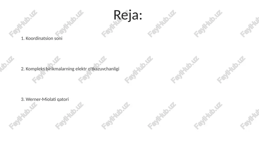 , [co(nh3)6]cl3 eritmasining 1 moliga qo'shilgan agno3 ning 3 mol agcl cho'kmasi hosil qilishi kuzatilgan. conductivity o'lchovlari shuni ko'rsatdiki, [pt(nh3)4cl2]cl2 eritmasining elektr o'tkazuvchanligi [pt(nh3)4cl2] ning elektr o'tkazuvchanligidan 3 ion darajasida yuqori. koordinatsion son va elektr o'tkazuvchanlik o'rtasidagi bog'liqlik kompleks birikmaning elektr o'tkazuvchanligi ionlarning soniga bog'liq, bu esa o'z navbatida koordinatsion son orqali aniqlanadigan ichki va tashqi sferalardagi ionlarga ta'sir qiladi. koordinatsion son o'zgarganda, kompleks ionning zaryadi va hajmi ham o'zgaradi, bu esa eritmadagi ionlarning harakatchanligiga ta'sir etib, umumiy elektr o'tkazuvchanlikni o'zgartiradi. kompleks birikmalarning qo'llanilishi tibbiyotda platinali komplekslar, masalan, cisplatin, saraton kasalligini davolashda ishlatiladi, chunki ular dnk replikatsiyasini buzib, o'simta hujayralarining ko'payishini to'xtatadi. kompleks birikmalar katalitik jarayonlarda keng qo'llaniladi, masalan, ziegler-natta katalizatorlari polimerlar sintezida yuqori molekulyar og'irlikdagi polimerlar olishga yordam beradi. xulosa kompleks birikmalarning elektr o'tkazuvchanligi ularning ionlarga dissotsiyalanish darajasiga bog'liq bo'lib, bu werner-miolati seriyasidagi o'zgarishlarni tushuntiradi (1, 2, 3 va hokazo ionlar hosil bo'lishi). koordinatsion son, markaziy atom bilan bevosita …