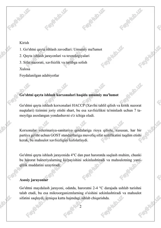 htirishga qaratilgan va 1-2 daqiqa davom etadi. qon chiqarish, terini shilish (mol va qo'ylarda), patlarni tozalash (parrandalarda) so'yishning muhim bosqichlari bo'lib, go'shtning sifatiga ta'sir qiladi hamda 5-10 daqiqa davom etadi. go'shtni tozalash va kesish go'shtni tozalash jarayoni sanitariya talablariga javob berishi kerak, masalan, xona harorati 10°c dan past bo'lishi lozim, mikroorganizmlar sonini minimallashtirish uchun. kesish bosqichi go'sht turiga qarab farqlanadi; mol go'shti uchun katta bo'laklar (20-30 kg), qo'y go'shti uchun esa kichikroq bo'laklar (5-10 kg) kesiladi. go'shtni kesishda pichoqlar har 2 soatda dezinfeksiya qilinishi, ishchilar esa shaxsiy gigiena qoidalariga (qo'l yuvish, maxsus kiyim) qat'iy rioya etishlari kerak. qayta ishlash usullari (qiyma, kolbasa, dudlash) qayta ishlashda qiyma tayyorlash, go'shtni maydalash orqali amalga oshiriladi, bunda yog' miqdori 10-30% bo'lishi mumkin va harorat +2 darajadan oshmasligi shart. kolbasa ishlab chiqarishda go'sht tuz, ziravorlar bilan aralashtirilib, qobiqqa joylanadi. keyin 72-75 daraja haroratda pishiriladi yoki 48 soat davomida dudlanadi. dudlash usuli go'shtni tutun bilan ishlov …