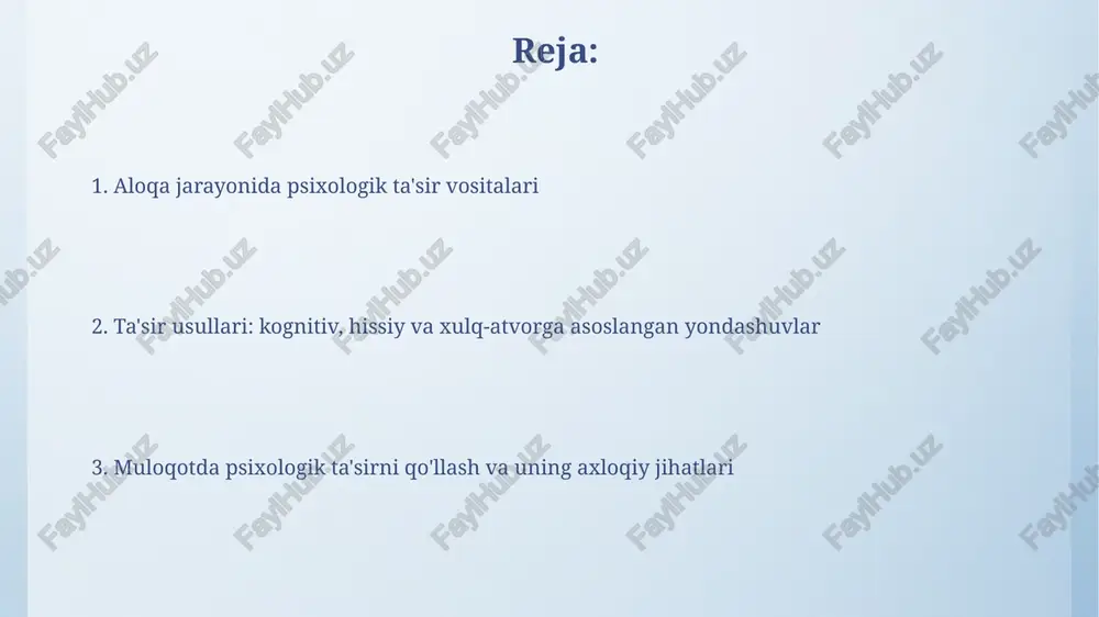 fikrini o'zgartirishi mumkin. ishonch, kommunikatorning halolligi va xolisligiga asoslanadi, shu bilan birga, 30% auditoriya xolis fikrga ko'proq ishonadi, hatto u mutaxassis bo'lmasa ham. o'zaro ta'sir qonuni "o'zaro ta'sir qonuni" kommunikatsiyada "siz menga - men sizga" tamoyiliga asoslanadi. agar siz birovga yordam bersangiz, u ham kelajakda 2 barobar ko'proq yordam berishga tayyor bo'ladi. ushbu qonun shuni ko'rsatadiki, agar bizga qandaydir yoqimli narsa berilsa, biz javoban 1.5 barobar ko'proq narsa berishga intilamiz. bu minnatdorchilik tuyg'usini shakllantiradi. do'stlik va yoqtirish do'stlik va yoqtirish, kommunikatsiyada ishonchni oshiradi, ya'ni agar sizga biror kishi yoqsa, uning fikriga 50% ko'proq ishonishingiz mumkin. "o'xshashlik tamoyili" orqali, sizning xatti-harakatlaringizni 25% takrorlagan odam sizga ko'proq yoqadi, chunki bu o'zaro bog'liqlikni kuchaytiradi. psixologik ta'sirning axloqiy jihatlari psixologik ta'sirning axloqiy me'yorlari, manipulyatsiya usullarini qo'llashda shaffoflikni talab etadi: 1-darajali manipulyatsiya, 2-darajali axloqsizlikka olib kelishi mumkin. axloqiy ta'sir, maqsadlarni aniq ifodalashni nazarda tutadi; agar maqsadingiz boshqalarga zarar yetkazsa, bu 3-darajali axloqsizlik hisoblanib, undan qochish …