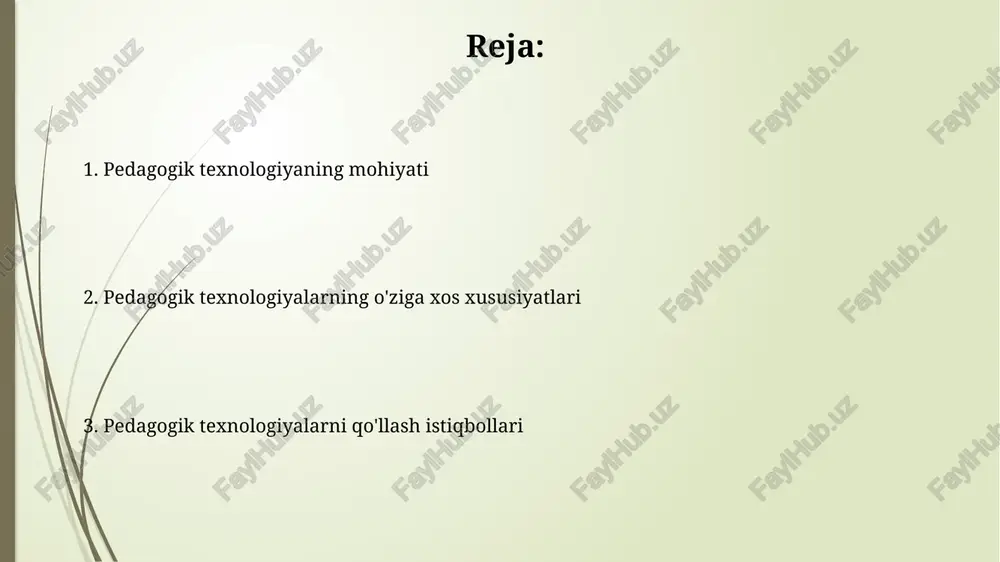 1-bosqich – diagnostika bosqichi boʻlib, taʼlim oluvchilarning dastlabki bilim, koʻnikma va qobiliyatlarini aniqlash, ularning ehtiyojlarini qondirishga qaratilgan, aniq maqsadlar belgilash imkonini beradi. 2-bosqich – loyihalashtirish bosqichi, bu oʻquv jarayonini rejalashtirish, metodlar, shakllar va vositalarni tanlashni oʻz ichiga oladi. bu jarayon ta’limiy maqsadlarga erishish uchun muhim ahamiyat kasb etadi. pedagogik texnologiyalarni baholash mezonlari pedagogik texnologiyalarni baholashda samaradorlik ko'rsatkichi 70% o'zlashtirish darajasini ta'minlash, o'quvchilarning bilim, ko'nikma va malakalarini 85% ga oshirish kerak. baholash mezonlariga moslashuvchanlik kiradi, bu texnologiyaning 6 turdagi o'quv muhitiga moslashuvchanligini, shuningdek, 5 xil o'quvchi ehtiyojlariga javob bera olishini anglatadi. pedagogik texnologiyalarning istiqbollari pedagogik texnologiyalar sun'iy intellekt (si) bilan integratsiyalashib, 2025 yilga borib moslashtirilgan ta'limni 70% ga oshiradi, har bir o'quvchining ehtiyojlariga moslashtirilgan ta'limni ta'minlaydi. kengaytirilgan reallik (xr) va virtual reallik (vr) 2030 yilgacha amaliyotga yo'naltirilgan ta'limni 60% ga kengaytirib, simulyatsiyalar va interaktiv muhitlar orqali chuqur bilim olish imkonini beradi. e'tiboringiz uchun rahmat image2.jpg image3.jpg image4.jpg image5.jpg image6.jpg image7.jpg image8.jpg