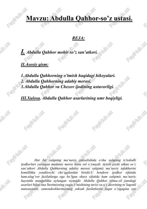 stidan kulib, g’azablanib yomon ko’rib qolamiz, ba’zilarida esa o’zimizda paydo bo’lgan xayrixohlikni sezamiz. ammo bularning barchasining zamirida jamiyatimizning faol a’zosi, haqiqiy fuqaro ijtimoiy hayotdagi buzilishlarning ashaddiy dushmani, qalbi pok inson dardi turadi. biz o’sha dardlarni baralla eshitamiz, o’zimizni unga jo’r hisoblaymiz. abdulla qahhor dastavval o’zbek adabiyotida mohir hikoyanafis sifatida shuhrat topdi. darhaqiqat, u yangi o’zbek adabiyotidagi realistic hikoyachilikning shakllanishi va rivojlanishida benazir ijodkor sanaladi. u mazkur janrda xalqimizning xx asr boshlaridagi to’fonli hayotning, sobiq sho’ro tuzumi davridagi turmush tarzi va undagi butun murakkabliklar, millatimizga xos bo’lgan fazilatlatlarni butun bo’yi-basti bilan haqqoniy tasvirlab berdi. xususan, adib “anor”, ko’r ko’zning ochilishi”,”o’g’ri”,”bemor”,”dahshat”,”adabiyot muallimi”,”ko’k konvert”,”kampirlar sim qoqdi”,”asror bobo”,”to’yda a’za” kabi hikoyalari bilan xx asr o’zbek nasrida birinchi bo’lib,izchil realism tasvir imkoniyatlarini sergiloligini isbotlab berdi. abdulla qahhorning o’z tabiri bilan aytganda, inson xarakteriga birinchi bor qo’l urib yaratgan hikoyasi “boshsiz odam” edi. keyinchalik adib bu hikoyani o’zining 6-tomlik asarlariga ham kiritdiki,bu fakt muallifning “boshsiz odamga” …