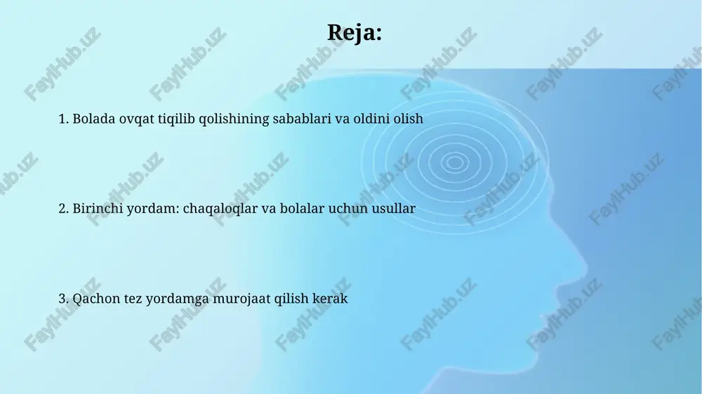 dinga engashtiring va kuraklar orasiga kaftingiz bilan zarba bering. heimlich manevrasi: qadam-baqadam ko'rsatma 1 yoshdan oshgan bolalar uchun tik turing, orqadan turing, kindik va qovurg'alar orasiga musht qiling, keyin ichkariga va yuqoriga tez bosim qiling. bemorga yordam berish uchun, bir qo'l bilan ko'krak qafasini qo'llab-quvvatlang, boshini pastroq tuting va orqasiga 5 marta zarba bering. o'zingizga qanday yordam berish kerak (agar yoningizda hech kim bo'lmasa) agar o'zingizni bo'g'ilib qolganday his qilsangiz, 5 marta qattiq qilib qorinni siqishga harakat qiling, kindik va ko'krak qafasi o'rtasida joylashgan joyga qo'llaringizni qo'ying. o'zingizga yordam berish uchun qattiq stulning orqa tomoniga yoki burchagiga qorinni 5 marta tez va qattiq siqish orqali o'zingizni urishingiz mumkin. tiqilishdan keyingi parvarish va kuzatuv farzandingizning nafas olishini kuzatib boring; agar qiyinlashsa, tez yordamga qo'ng'iroq qiling. 1-2 soat ichida uyqusizlik yoki nafas qisilishi bo'lsa, tibbiy yordam zarur. bolaning haroratini tekshiring; agar 38 darajadan yuqori bo'lsa yoki o'zini yomon his qilsa, shifokorga murojaat …