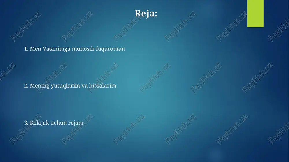 fidoyilik, davlatimizning barqaror rivojlanishining asosi bo'lib, 33 milliondan ortiq fuqaroning farovonligini ta'minlashga qaratilgan ijtimoiy-iqtisodiy o'zgarishlarni amalga oshirishda muhim ahamiyatga ega. ushbu tushunchalar, har bir fuqaroning o'z vazifasiga mas'uliyat bilan yondashib, 75% hollarda muvaffaqiyatga erishish imkoniyatini oshiradi, bunda jamiyat manfaatlarini shaxsiy manfaatlardan ustun qo'yish muhimdir. qonun ustuvorligiga hurmat "qonun ustuvorligiga hurmat" jamiyatda 1992-yil konstitutsiyasi bilan kafolatlangan huquqiy tartibni saqlash, har bir fuqaroning 30 moddadan ortiq fundamental huquqlarini hurmat qilishni anglatadi. bu prinsip barcha davlat organlari, jumladan, ichki ishlar vazirligi va sudlar tomonidan qat’iy rioya qilinishini talab etadi; qonunbuzarliklar uchun 20 dan ortiq turli jazo choralari mavjud. milliy qadriyatlarni asrash milliy qadriyatlarni asrash 1992-yil 8-dekabrda qabul qilingan konstitutsiyamizning 8-moddasida har bir fuqaroning burchi sifatida belgilangan, bu madaniy merosni saqlashning huquqiy asosidir. o'zbekiston xalqining milliy qadriyatlari avloddan-avlodga o'tib kelayotgan urf-odatlar, an'analar va marosimlar majmuasidir, ularning ko'pchiligi 3000 yillik tarixga ega. jamiyat rivojiga hissa qo'shish ta'lim sohasiga 10 ming so'm investitsiya kiritish va 5 …