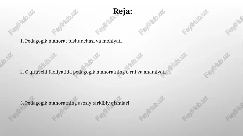 ologiyalar 3 ta asosiy elementni o'z ichiga oladi: o'qitish maqsadlari (1-bosqich), o'qitish usullari (2-bosqich) va baholash mezonlari (3-bosqich). mahorat o'qituvchining 5 ta asosiy kompetensiyasini qamrab oladi: sub'ektiv, metodik, ijtimoiy-psixologik, kommunikativ va avtomatik (raqamli) ko'nikmalarni rivojlantiradi. o'qituvchining kommunikativ mahorati o'qituvchining kommunikativ mahorati 70% og'zaki va 30% noverbal muloqotdan iborat bo'lib, tinglovchini tushunish va fikrni aniq ifodalash ko'nikmalarini o'z ichiga oladi. kommunikativ kompetensiya - bu 5 asosiy element: tinglash, tushunish, baholash, javob berish va 10 dan ortiq turli xil muloqot uslublaridan foydalanish qobiliyatidir. o'qituvchining tashkilotchilik mahorati o'qituvchining tashkilotchilik mahorati o'quvchilarni darsga jalb etish, 90 daqiqalik dars davomida sinf muhitini boshqarish va 30 nafar o'quvchining e'tiborini jamlashni o'z ichiga oladi. pedagogik tashkilotchilik 4 asosiy elementdan iborat: rejalashtirish, muvofiqlashtirish, nazorat qilish va baholash, bu esa o'qituvchiga o'quv jarayonini samarali boshqarishga yordam beradi. o'qituvchining didaktik mahorati o'qituvchining didaktik mahorati 4 bosqichda namoyon bo'ladi: rejalashtirish, tashkil etish, motivatsiyalash va baholash. bu jarayonlar o'quvchilarning bilim olishini optimallashtiradi. …