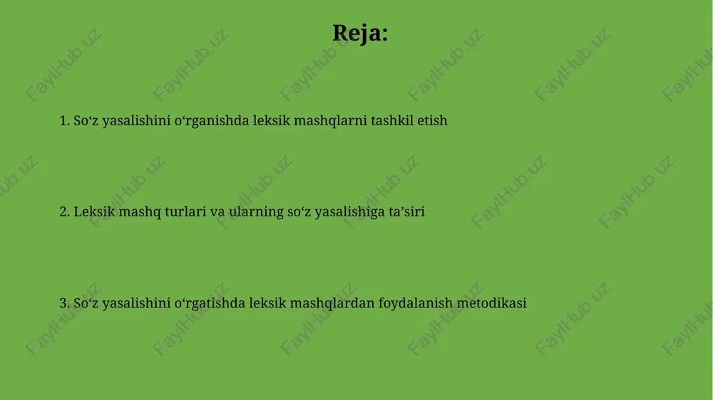 ash uchun muhimdir. ushbu mashqlar 3 xil usulda olib boriladi: soʻzni morfemalarga ajratish, berilgan morfemalar asosida soʻz yasash va soʻz tarkibidagi morfemalarning vazifasini aniqlash kabi amaliy mashqlar bajariladi. soʻz yasash mashqlari soʻz yasash mashqlari, koʻpincha, oʻquvchilarga 2 turdagi vazifalarni beradi: birinchisi, tayyor soʻzlardan yangi soʻzlar yaratish; ikkinchisi, berilgan ma'noga mos soʻzni soʻz yasovchi qoʻshimchalar yordamida hosil qilish. oʻzbek tilida soʻz yasash mashqlarida 3 xil usul qoʻllaniladi: affiksatsiya (qoʻshimchalar qoʻshish), kompozitsiya (soʻzlarni biriktirish) va konversiya (bir turkumdan boshqa turkumga oʻtish); har bir usulga oid mashqlar mavjud. kontekstual mashqlar kontekstual mashqlar oʻquvchilarga soʻzlarning maʼnolarini 10-15 ta gap ichida aniqlashga yordam beradi, bu esa ularning lugʻat boyligini oshiradi va tushunish qobiliyatini rivojlantiradi. ushbu turdagi mashqlar, masalan, 'gapni toʻldirish' kabi 5-7 ta topshiriqlarni oʻz ichiga oladi, bunda oʻquvchi mos keladigan soʻzni tanlashi kerak. soʻz birikmasini aniqlash mashqlari "soʻz birikmasini aniqlash mashqlari" gap tarkibidagi soʻzlarning oʻzaro maʼnoviy va grammatik bogʻlanishini aniqlashga qaratilgan boʻlib, bunda 2 …