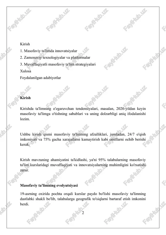 yaratadi, bu esa o'qituvchilarning vaqtini tejaydi va 24/7 formatda tezkor fikr-mulohazalarni ta'minlaydi. mashinalarni o'rganish (mo) algoritmlari talabalarning o'qish uslublarini tahlil qilib, moslashtirilgan o'quv materiallarini taklif qiladi, bu esa muvaffaqiyat darajasini 15-20% ga oshirishi mumkin. si chatbotlari talabalarga 365 kun, 24 soat davomida savollarga javob berish va texnik muammolarni hal qilishda yordam beradi, bu esa yordamga murojaat qilish vaqtini 70% ga kamaytiradi. kengaytirilgan va virtual reallik kengaytirilgan reallik (ar) o'quvchilarga interaktiv 3d modellarini ko'rishga imkon beradi, bu esa murakkab tushunchalarni 75%gacha yaxshiroq tushunishga yordam beradi. virtual reallik (vr) simulyatsiyalari xavfsiz muhitda 90%gacha amaliy tajriba beradi, masalan, jarrohlik amaliyotlari yoki tarixiy joylarni 360 gradusda o'rganish. ar va vr integratsiyasi talabalarning 80%gacha motivatsiyasini oshiradi, chunki ular 25% ko'proq eslab qolishga va faol ishtirok etishga moyil bo'ladilar. moslashtirilgan o'rganish tajribalari moslashtirilgan o'rganish tajribalari sun'iy intellekt algoritmlaridan foydalanib, har bir o'quvchining 3-darajali bilim darajasini aniqlaydi va moslashtirilgan materiallar taqdim etadi. adaptiv testlash usullari o'quvchining javoblariga …