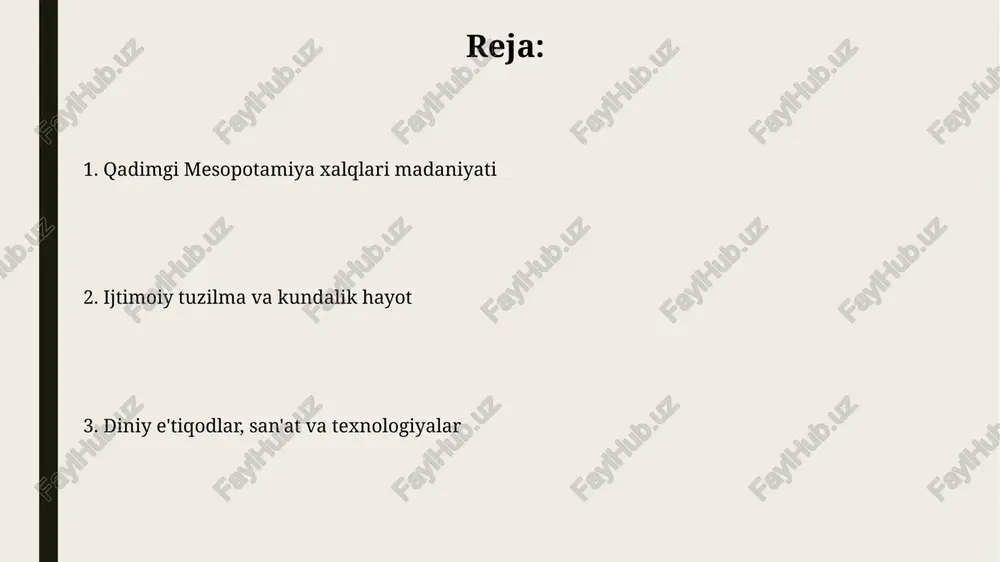 da mavjud bo'lib, xatti-harakatlar uchun oqibatlarni aniq belgilab bergan. bobilliklar astronomiyada katta yutuqlarga erishdilar va 60 raqamiga asoslangan seksagesimal son tizimini yaratdilar, bu esa vaqtni o'lchash uchun asos bo'ldi. ossuriyaliklar: harbiy qudrat va san'at ossuriyaliklar 9-asrda doimiy armiya tuzishgan, bu esa ularga temir qurollar va murakkab qamal texnikalaridan foydalanish orqali hududlarni tezda bosib olishga yordam bergan. ossuriya san'atida harbiy yurishlar batafsil tasvirlangan, jumladan, jang sahnalari, qamal manzaralari va mag'lubiyatga uchragan dushmanlarning taqdiri lavhalari aks etgan. din va mifologiya: xudolar va dunyoqarash mesopotamiya xudolari, masalan, anu (osmon xudosi) va enlil (shamol xudosi), ierarxik tuzilmaga ega bo'lib, har biri o'ziga xos vazifalarni bajarar edi. zikkuratlar, baland ibodatxonalar, xudolarning yer yuzidagi uylari hisoblanib, 7 qavatdan iborat bo'lib, diniy marosimlar o'tkazish uchun xizmat qilgan. ijtimoiy tuzilma va sinflar qadimgi mesopotamiyada jamiyat ierarxik tuzilgan, unda 3 asosiy tabaqa boʻlgan: zodagonlar (hokimlar, ruhoniylar), erkin odamlar (savdogarlar, hunarmandlar) va qullar, ularning huquqlari cheklangan edi. jamiyatda gender rollari …