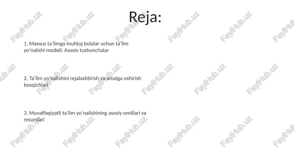 ashda muhim rol o'ynaydi. muvaffaqiyatni baholash va yoʻnalishni sozlash baholash jarayoni individual o'quv rejasini (ior) shakllantirishda muhim, u bolaning o'ziga xos ehtiyojlarini qondirish uchun mo'ljallangan maqsadlar va strategiyalarni aniqlaydi. yo'nalishni sozlash iorda belgilangan maqsadlarga erishish darajasiga qarab, o'qitish usullari, resurslar va qo'llab-quvvatlash tizimlariga o'zgartirishlar kiritishni o'z ichiga oladi. e'tiboringiz uchun rahmat image5.jpg image6.jpg image7.jpg image8.jpg image9.jpg image1.jpeg image2.jpeg