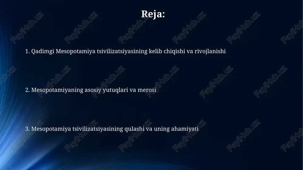 idan boshqarilgan. qirolning hokimiyati ilohiy hisoblangan, u qonunlar chiqarar, armiyani boshqarar va diniy marosimlarni o'tkazardi. mesopotamiyada byurokratik boshqaruv muhim edi. kotiblar murakkab ma'lumotlarni, shu jumladan soliqlar, ekinlar va qonunlarni loy taxtachalarga mixxat yozuvi orqali yozib borishgan, bu davlat boshqaruvini osonlashtirgan. iqtisodiyot va savdo mesopotamiya iqtisodiyotida dehqonchilik muhim rol o'ynagan, irrigatsiya tizimlari orqali ekin maydonlari kengaytirilib, hosildorlikni oshirgan, bu esa savdo rivojiga turtki bergan. savdo mesopotamiyada daryolar orqali amalga oshirilgan, masalan, tigr va frot daryolari savdo yo'llari bo'ylab yuk tashishni osonlashtirgan hamda qo'shni hududlar bilan aloqalarni mustahkamlagan. qishloq xo'jaligi va irrigatsiya mesopotamiyalik dehqonlar miloddan avvalgi 6000-yildayoq sunʼiy sugʻorishning asosiy usullarini, jumladan, daryolardan kanallar qazish va suvni ekin maydonlariga yoʻnaltirishni boshlaganlar. irriqatsiya tizimlarining rivojlanishi tufayli, mesopotamiyada arpa va bugʻdoy kabi don ekinlarining hosildorligi sezilarli darajada oshdi, baʼzi hollarda gektaridan 2000 litrgacha hosil olish mumkin edi. din va e'tiqodlar mesopotamiyaliklar ko'plab xudolarga sig'inishgan, har bir shahar o'z homiy xudosiga ega bo'lgan; masalan, uruk …