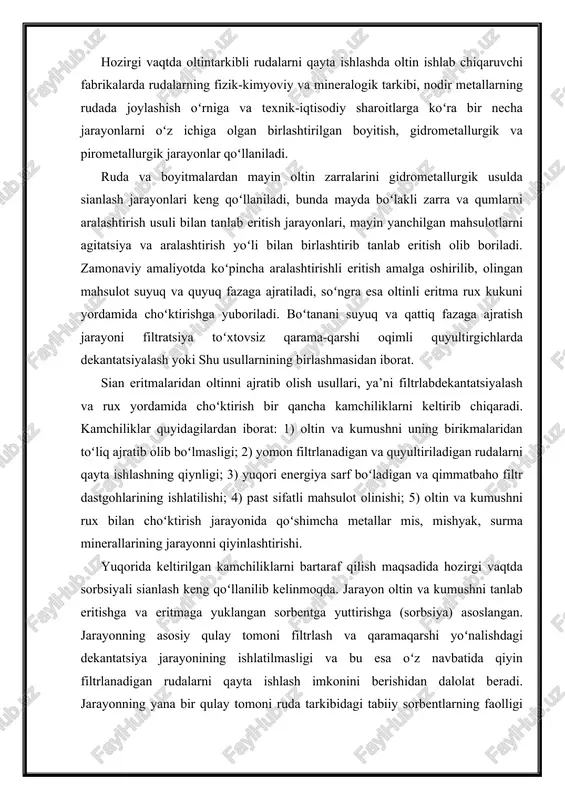 keng qoʻllanilib kelinmoqda. jarayon oltin va kumushni tanlab eritishga va eritmaga yuklangan sorbentga yuttirishga (sorbsiya) asoslangan. jarayonning asosiy qulay tomoni filtrlash va qaramaqarshi yoʻnalishdagi dekantatsiya jarayonining ishlatilmasligi va bu esa oʻz navbatida qiyin filtrlanadigan rudalarni qayta ishlash imkonini berishidan dalolat beradi. jarayonning yana bir qulay tomoni ruda tarkibidagi tabiiy sorbentlarning faolligi boʻtanaga qoʻshilgan kuchli sorbentlar yordamida pasaytiriladi va bu oltin hamda kumush ajratib olish darajasini oshiradi. sorbsiya jarayonida 2 hil yig’uvchi (sorbent) ishlatilishi mumkin: 1) sun’iy ionalmashinuvchi qatronlar(smolalar) – ionitlar; 2) faollangan(aktivlangan) koʻmir. 1.sorbsiya usulida ajratish sorbsiya usuli bilan tanlab eritiladigan boʻtana birinchi pachukka yuklanadi va eng soʻnggi pachukdan tashqariga boʻshatib olinadi. toza sof ionit eng oxirgi reaktorga yuklanadi. oltin (nodirmetallar) bilan toʻyingan smola birinchi pachukdan (reaktor) boʻshatiladi (chiqadi). bir-birining oqimiga qarama-qarshi yuborilgan smola, boʻtana bilan yaxshi aralashib (toʻqnashib), smolani nodir metallar bilan oz fursatda toʻyintiradi. chiqindiga ketadigan nodir metallar yoʻqolishi juda oz boʻladi. quyidagi 1.rasmda sorbsiya usuli bilan eritishga …