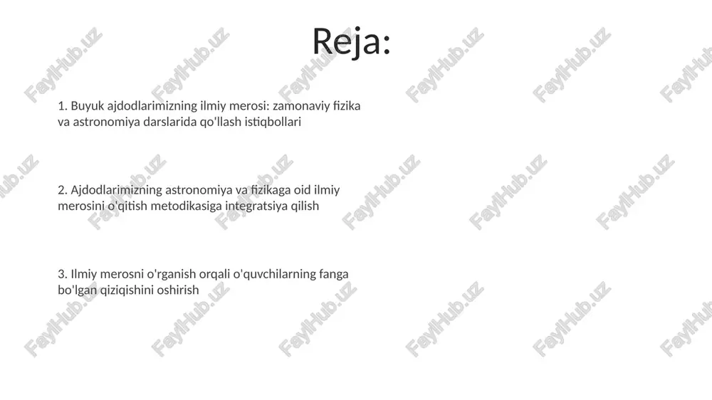 balarda interdisiplinar fikrlashni shakllantirib, biofizika kabi sohalarga qiziqishni uyg'otadi. o'tmishdosh olimlarning astronomik kuzatuvlari va matematik modellarini o'rgatish, talabalarning fazoviy tasavvurini rivojlantirib, kosmologiyaga oid 21-asr tushunchalarini tushunishni osonlashtiradi. e'tiboringiz uchun rahmat image1.jpeg image2.jpeg