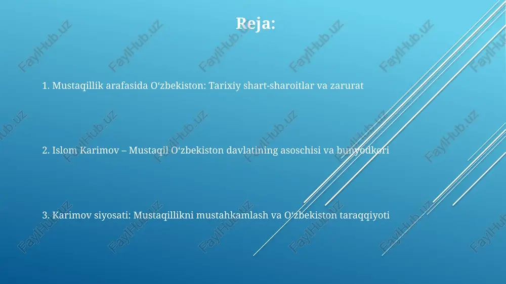 kistonning ittifoq shartnomasidagi roli va ishtirokini qayta koʻrib chiqish zarurligini taʼkidladi, bu esa kelajakda toʻliq mustaqillikka erishish uchun muhim qadam boʻldi. islom karimov – oʻzbekiston respublikasining birinchi prezidenti islom karimov, 1991-yil 29-dekabrda oʻzbekistonning birinchi prezidenti etib saylanib, mamlakat mustaqilligini eʼlon qildi va davlat qurilishining asosiy tamoyillarini ishlab chiqdi. karimovning tashabbusi bilan 1992-yil 8-dekabrda oʻzbekiston respublikasining konstitutsiyasi qabul qilindi. ushbu konstitutsiya mamlakatning demokratik rivojlanish yoʻlini belgilab berdi. 1990-yillarda karimov, markaziy osiyo mintaqasida tinchlik va barqarorlikni saqlash uchun faol tashabbuslar koʻrsatdi. u mintaqaviy hamkorlikni rivojlantirishga katta hissa qoʻshgan. davlat qurilishida islom karimovning roli iqtisodiy islohotlarni boshqarib, karimov davlatning bozor iqtisodiyotiga oʻtishini taʼminladi va xususiylashtirish orqali 1990-yillarda muhim oʻzgarishlarni amalga oshirdi. karimov konstitutsiyaviy tuzumni yaratishda asosiy rol oʻynadi, 1992-yilgi konstitutsiya mamlakatning huquqiy poydevorini mustahkamlab, hokimiyat boʻlinishini taʼminladi. karimov milliy xavfsizlikni taʼminlashga ustuvor ahamiyat berib, 1991-yildan keyin mintaqaviy barqarorlikni saqlash uchun mudofaa va tashqi siyosatni mustahkamlashga erishdi. iqtisodiy islohotlar va ijtimoiy siyosat karimov hukumatining …