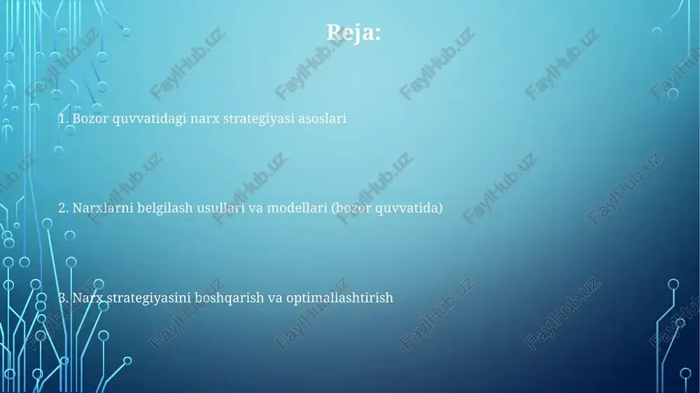 ari va qo'llanilishi narx diskriminatsiyasining 1-darajasi xaridorning maksimal to'lashga tayyor summalarini aniqlab, har biriga alohida narx belgilashni anglatadi. misol: avtomobil savdosida kelishuv asosida narx belgilash. 2-darajali narx diskriminatsiyasi hajmli xaridlar uchun chegirmalar taqdim etishni o'z ichiga oladi. masalan, elektr energiyasiga kam foydalanuvchilar uchun yuqori, ko'p foydalanuvchilar uchun arzon tariflar qo'llaniladi. 3-darajali narx diskriminatsiyasi bozorlarni turli xaridor guruhlariga bo'lib, har bir guruhga o'ziga xos narx belgilashni nazarda tutadi. talabalar va pensionerlar uchun kinoteatrlarda arzonlashtirilgan narxlar bunga misol bo'ladi. raqobatchilarning narx siyosatiga ta'siri yangi raqobatchilarning kirib kelishi, bozor ulushini 15-25% ga qisqartirishi mumkin, bu esa dominant firmani narxlarni moslashtirishga va foyda marjasini kamaytirishga majbur qiladi. raqobatchilarning narxlash strategiyalari, ayniqsa oligopoliya sharoitida, dominant firma uchun narxlarni belgilashda 20-30% cheklash imkonini beradi va narx urushlariga olib kelishi mumkin. narx yetakchisi bo'lgan firma, raqobatchilarning narx siyosatini 10-15% ga o'zgartirishi mumkin, bu esa narxlar bo'yicha kelishuvga olib keladi va raqobatni cheklaydi. narx siyosatini boshqarish va optimallashtirish …