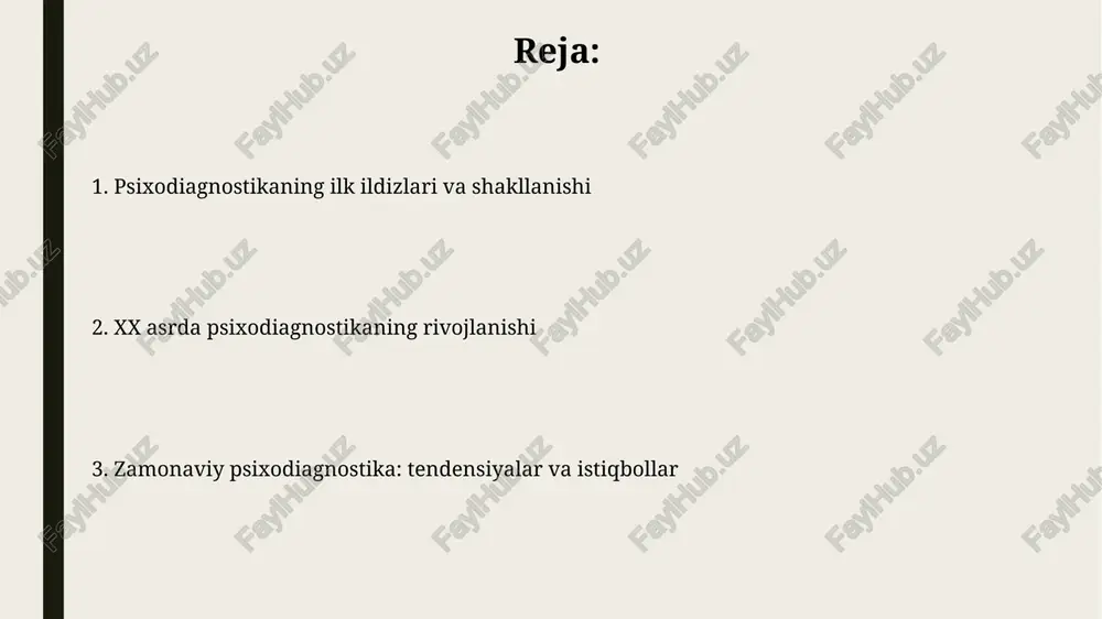 ' atamasini kiritdi, bu esa individual farqlarni standartlashtirilgan topshiriqlar orqali o'lchashga urinishning boshlanishi edi. binet 1905-yilda simon bilan hamkorlikda birinchi aqliy testni yaratdi, uning maqsadi maktabda qiynalayotgan bolalarni aniqlash va ularga yordam berish edi. birinchi jahon urushi va ommaviy testlashning yuksalishi birinchi jahon urushi 1917-yilda aqsh armiyasi xodimlarini baholash uchun 1,7 milliondan ortiq odamni qamrab olgan armiya alfa va beta testlarini yaratishga turtki bo'ldi. urush sharoitida tezkor baholash zarurati robert yerkes boshchiligidagi psixologlar guruhini intellektni baholashning standartlashtirilgan usullarini ishlab chiqishga undadi. shaxsiyat testlarining paydo bo'lishi: rorschach va tat rorschach testi 1921-yilda nashr etilgan boʻlib, siyoh dogʻlari orqali shaxsiyatni baholashga urinadi, unda sub’ektlar dogʻlarda nimani koʻrishini aytishadi. bu proyektiv usuldir. tat, ya’ni tematik appersepsiya testi, 1930-yillarda ishlab chiqilgan boʻlib, odamlarga rasmlar koʻrsatiladi va ulardan hikoyalar yaratish soʻraladi, bu esa ehtiyojlarini ochib beradi. zamonaviy psixodiagnostika: standartlashtirish va axloqiy masalalar zamonaviy psixodiagnostika standartlashtirilgan testlar orqali ishonchlilikni oshiradi, bu esa natijalarning 0.80 dan yuqori …