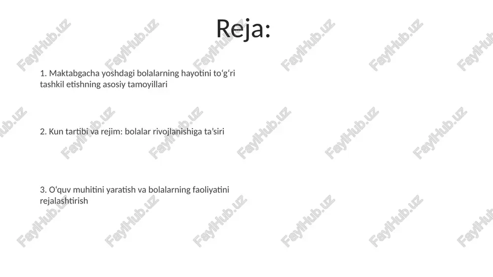 tet tizimini mustahkamlaydi. ochiq havoda o'yinlar bolalarning motor qobiliyatlarini rivojlantiradi. masalan, to'p bilan o'ynash qo'l-ko'z koordinatsiyasini, yugurish va sakrash esa oyoq mushaklarini mustahkamlaydi. ovqatlanishni tashkil etish ovqatlanish rejimiga qat'iy rioya qilish muhim, masalan, nonushta soat 8:00da, tushlik 12:00da bo'lishi kerak, bu bolalarning ovqat hazm qilish tizimini yaxshi ishlatishga yordam beradi. bolalarga har kuni 4-5 marta ovqat berish tavsiya etiladi: asosiy ovqatlar (nonushta, tushlik, kechki ovqat) va yengil tamaddilar (ikkinchi nonushta, tushdan keyingi gazak), har bir ovqatda vitaminlar bo'lishi kerak. uyqu va dam olishni ta'minlash uyqu xonasining harorati 20-22 daraja selsiy bo'lishi lozim, shuningdek, xonani muntazam ravishda shamollatish zarur, bu sog'lom uyqu uchun muhim omil hisoblanadi. bolalarning kundalik rejimida uyqu va dam olish vaqtlari 1.5-2 soat davom etishi kerak, bu ularning psixologik holatini normallashtiradi va charchoqni kamaytiradi. gigiena qoidalariga rioya qilish har bir bolaning shaxsiy gigiena vositalari bo'lishi kerak, masalan, alohida sochiq va tish cho'tkasi, ularni haftada kamida 2 marta dezinfeksiya …