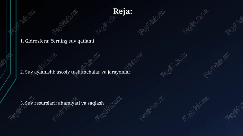 bug'lanishi bo'lib, bu jarayon o'simliklarning 97-99.5% suvini atmosferaga qaytaradi va global suv aylanishida muhim ahamiyatga ega. kondensatsiya va bulut hosil bo'lishi kondensatsiya jarayoni, asosan, havoning nisbiy namligi 100% ga yetganda boshlanadi, bunda suv bug'lari suyuq holatga yoki muz kristallariga aylanadi. bulutlar, kondensatsiya yadrolari atrofida hosil bo'ladi. bu yadrolar chang zarralari, tuz kristallari yoki tutun bo'laklari bo'lishi mumkin, ularning diametri 0.2 mikrometrdan kichik bo'ladi. yog'ingarchilik turlari yogʻingarchilik turlariga yomgʻir kiradi, bunda suv tomchilari 0,5 mm dan katta boʻladi va ular konvektiv, siklonik yoki orografik jarayonlar natijasida hosil boʻlishi mumkin. qor yogʻishi atmosfera harorati 0 °c dan past boʻlganda roʻy beradi va olti burchakli muz kristallari shaklida boʻladi, ularning diametri bir necha millimetrdan bir necha santimetrgacha yetishi mumkin. yer usti suvlari yer usti suvlari global gidrologik siklda muhim rol o'ynaydi, atmosfera, litosfera va biosfera o'rtasida doimiy suv almashinuvini ta'minlaydi, bu esa 71% yer yuzasini qoplaydi. daryolar, ko'llar va botqoqliklar kabi yer usti …