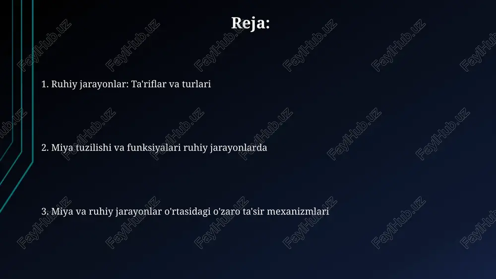 n hissiyotlar serotonin, dofamin va norepinefrin kabi neyrotransmitterlarning ta'siri orqali boshqariladi, ularning muvozanati emotsional holatga sezilarli ta'sir ko'rsatadi. diqqat va xotira mexanizmlari diqqat, 7 ± 2 qisqa muddatli xotira qobiliyatini cheklab, kerakli ma'lumotni tanlab oladi, miya signallarini kuchaytiradi va boshqa hissiy kirishlarni filtrlashga yordam beradi. xotira mexanizmlari, sinaptik aloqalarni mustahkamlovchi uzoq muddatli potensiallash (ltp) va zaiflashtiruvchi uzoq muddatli depressiya (ltd) kabi neyron jarayonlariga bog'liqdir. til va nutqning miyada aks etishi tilning miyada aks etishi, asosan, chap yarim sharning broka (so'zlashuvni shakllantirish) va vernike (so'zlarni tushunish) markazlarida sodir bo'ladi. bu markazlar 9-10 ta neyron guruhidan iborat. nutqning miyada aks etishi, motor korteksi, eshitish korteksi va vizual korteks bilan chambarchas bog'liq. ular 41, 42, 17- sonli brodman sohalari bo'ylab joylashgan. ongning neyron korrelatlari doimiy neyron korrelatlari miyaning doimiy faolligi bilan bog'liq bo'lib, 40 gts dan yuqori gamma to'lqinlarining sinxronlashuvi kabi kognitiv jarayonlarni qo'llab-quvvatlaydi. uzoq muddatli o'rganishda, neyron korrelatlari sinaptik plastiklikning o'zgarishini aks …