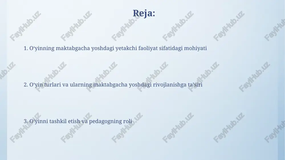 n asosiy ko'nikmalar va qobiliyatlar o'yin orqali 3-6 yoshli bolalar mantiqiy fikrlashni rivojlantiradilar, muammolarni hal etishda ijodiy yondashuvni shakllantiradilar va 2 yoki undan ortiq variantni tahlil qilishni o'rganadilar. rollarni o'ynash orqali bolalar ijtimoiy ko'nikmalarni, masalan, empatiyani, hamkorlikni va nizolarni hal qilishni o'rganadilar, bu esa ularning 7 asosiy hissiy jihatdan rivojlanishiga yordam beradi. pedagogning o'yin jarayonidagi roli pedagog bolalarning o'yinini kuzatib, ularning qiziqishlarini aniqlaydi va o'yin maydonini, shu jumladan, 5-7 xil materiallar bilan boyitib, mustaqil o'yinni rag'batlantiradi. pedagogika o'yin davomida bolalarga 3 ta asosiy ko'nikmani singdiradi: muammolarni yechish, ijtimoiy moslashuv va kreativ fikrlashni rivojlantirish. o'yin – o'rganishning asosi. o'yin muhitini tashkil etish tamoyillari o'yin muhitida xavfsizlik 1-tamoyil bo'lib, barcha materiallar gigienik sertifikatlangan, mustahkam va 0-3 yosh bolalar uchun xavfsiz bo'lishi shart. polifunksionallik 2-tamoyil: o'yin materiallari kamida 3 xil o'yinda ishlatilishi, bolalar ijodini rivojlantirishi va bir qator ko'nikmalarni shakllantirishi kerak. o'yin faoliyatini rivojlantirish bo'yicha amaliy tavsiyalar bolalarga o'yinchoqlar bilan tanishish uchun 15-20 …