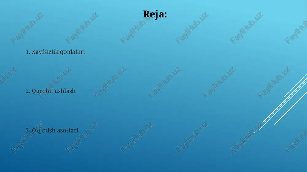 rish "qurolni tushirish" jarayoni 4 xavfsizlik qoidasiga rioya qilishni talab etadi: har doim qurolni xavfsiz yo'nalishga qaratish, barmog'ingizni tetikdan uzoqroq tutish, qurolni yuklanmagan deb hisoblash. qurolni xavfsiz tushirish tartibi, odatda, o'qdonni chiqarib tashlash, patronni chiqarish (agar mavjud bo'lsa), qurolni vizual tekshirish va quruq o'q otishni o'z ichiga oladi. bularning bari xavfsizlik uchun muhim. xavfsiz yo'nalish xavfsiz yo'nalish – bu qurolning tumshug'i doimiy ravishda xavfsiz tomonga qaratilgan bo'lishini ta'minlashdir, 180 graduslik zonada hech qachon o'zingizga yoki boshqalarga qaratilmasligi kerak. xavfsiz yo'nalishni saqlashda, agar nazoratni yo'qotsangiz ham, masalan, yiqilish yoki sirpanish holatlarida, qurol 45 gradus burchak ostida xavfsiz tomonga yo'naltirilganligiga ishonch hosil qiling. tutish texnikasi “tutish texnikasi” qurolni ushlashning asosiy usuli boʻlib, barqarorlikni oshirish uchun qoʻllarni qurolga toʻgʻri joylashtirishni oʻz ichiga oladi, bunda 60/40 nisbatda taqsimlanadi. qurolni “tutish texnikasi”da barmoqlar tetikdan uzoqda boʻlishi kerak, bunda 1-qoida xavfsizlikni taʼminlash, 2-qoida esa beixtiyor otishning oldini olishdir, bu esa 95% baxtsiz hodisalarning sababidir. nishonga olish …