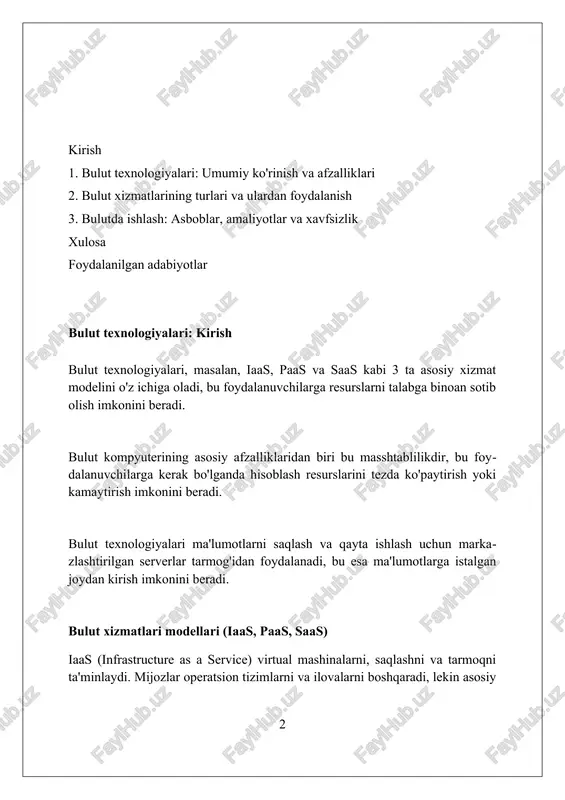 r, 100% tashkilotning o'zida joylashgan bo'lib, yuqori darajadagi xavfsizlik va moslashuvchanlikni ta'minlaydi, lekin ommaviy bulutlarga nisbatan 2-3 barobar qimmatroq bo'lishi mumkin. gibrid bulutlar ommaviy va xususiy bulutlarning kombinatsiyasi bo'lib, 60/40 nisbatda ish yuklamalarini optimallashtirish va 25% gacha xarajatlarni tejash imkonini beradi. bulut provayderlarini tanlash bulut provayderini tanlashda, birinchi navbatda, kompaniyangizning 5-10 yillik o'sish rejalari va resurs talablarini inobatga oling, shunda siz xarajatlarni optimallashtirasiz. xizmat ko'rsatish shartnomasini (sla) diqqat bilan ko'rib chiqing, ayniqsa 99.99% ish vaqtini kafolatlash, ma'lumotlar xavfsizligi va favqulodda vaziyatlarda tiklanish protokollarini tekshiring. turli bulut provayderlarining narxlash modellarini (masalan, 'pay-as-you-go' yoki bron qilingan resurslar) solishtiring, shuningdek, bepul sinov davrlari va migratsiya xarajatlarini hisobga oling. bulut xavfsizligi: asosiy tushunchalar bulut xavfsizligida ma'lumotlarni shifrlash muhim, bu ma'lumotlarni himoya qilish uchun aes-256 kabi kuchli algoritmlar orqali amalga oshiriladi va kalitlarni to'g'ri boshqarish talab etiladi. kirishni boshqarish bulut resurslariga kim kirishi mumkinligini belgilaydi; bu roli asoslangan kirishni boshqarish (rbac) va 2 faktorli autentifikatsiya …