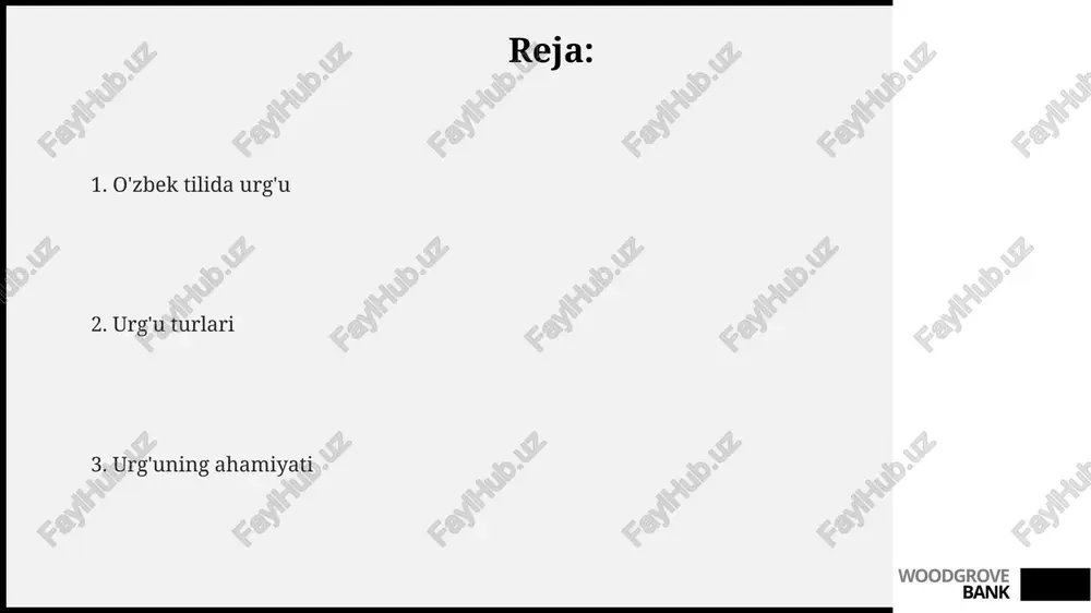 nda o'zgarishi mumkin, 2 yoki 3 bo'g'inli so'zlarda. ba'zi o'zbek so'zlarida morfologik urg'u ma'noni ajratish uchun xizmat qiladi, misol uchun, 'olma' (ot) va 'olma!' (fe'lning buyruq shakli) kabi, bu yerda urg'u 1-bo'g'inga tushadi. morfologik urg'u o'zbek tilida so'zning grammatik shaklini belgilashda muhim rol o'ynaydi, masalan, ko'plik qo'shimchasi '-lar' qo'shilganda urg'u oxirgi bo'g'inga ko'chishi mumkin, 2 yoki undan ortiq bo'g'inli so'zlarda. woodgrove bank leksik stress ba’zi oʻzbek soʻzlarida urgʻu oʻrnining oʻzgarishi maʼnoni tubdan oʻzgartiradi, bu hodisa leksik differensiatsiya deb ataladi va urgʻu 2 ta ma'noni ajratish uchun xizmat qiladi. oʻzbek tilida leksik urgʻu soʻz maʼnosini farqlashi mumkin; masalan, 'olma' (1-boʻgʻinga urgʻu) meva, 'olma' (2-boʻgʻinga urgʻu) esa feʼlning buyruq shakli boʻlishi mumkin. oʻzbek tilida leksik urgʻu, asosan, soʻzning oxirgi boʻgʻimiga tushadi, lekin chet tilidan kirgan soʻzlarda qoida buzilishi mumkin, bunda 1- bo'g'inga urg'u tushishi kuzatiladi. woodgrove bank semantik stress semantik stress orqali gapdagi 4-5 ta so'zning ma'nosini o'zgartirish mumkin. bu, ayniqsa, og'zaki …